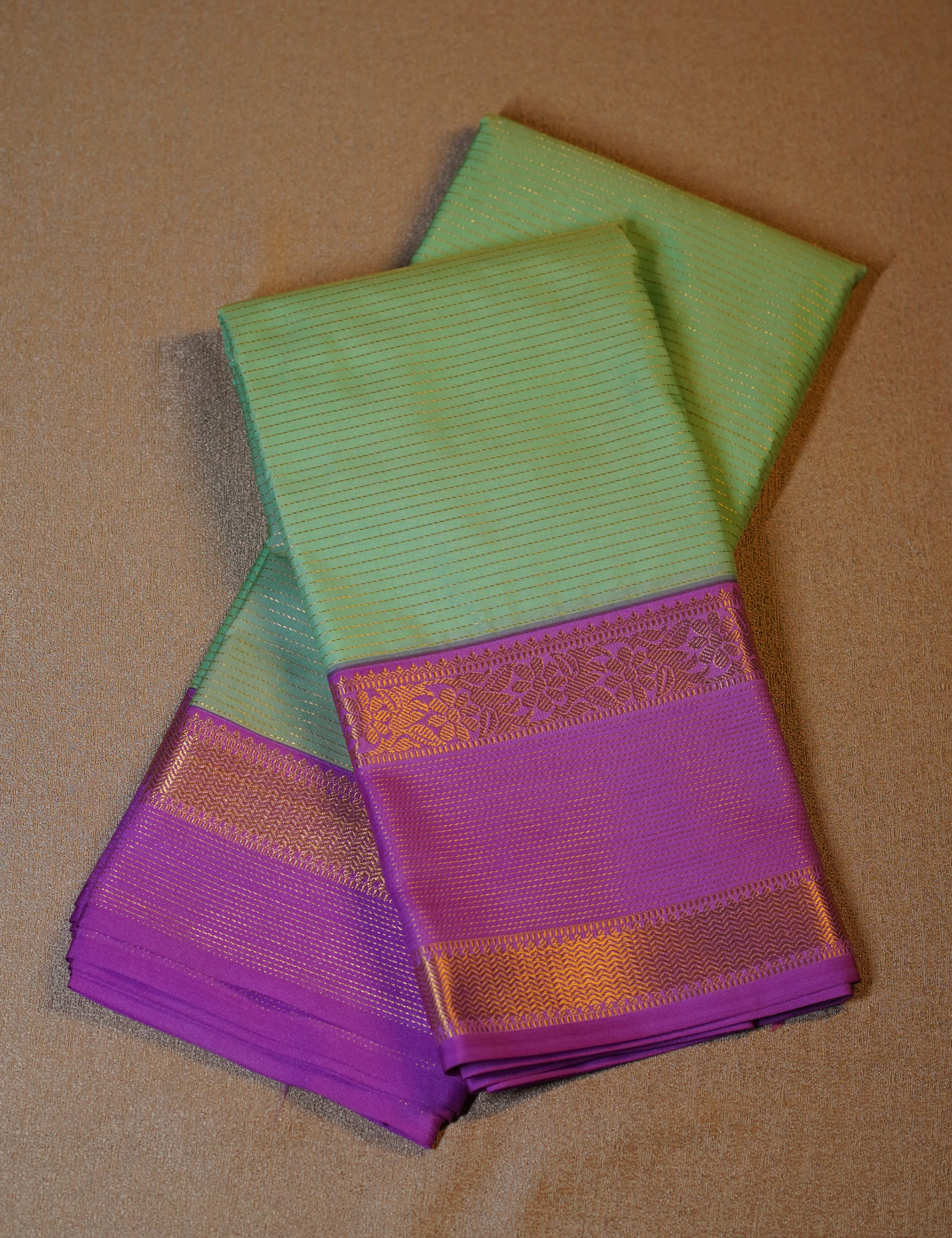 Sea Green Soft Semi Silk Kanjivaram with Lavender Retta Pettu Zari Border