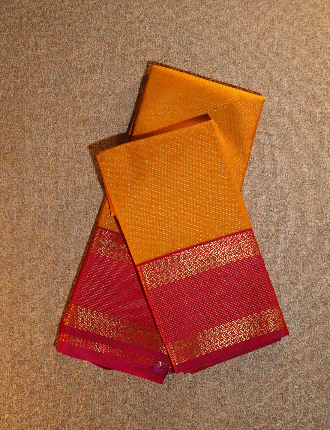 Mustard Yellow Soft Semi Silk Kanjivaram Saree with Magenta Pink Gold Zari Border