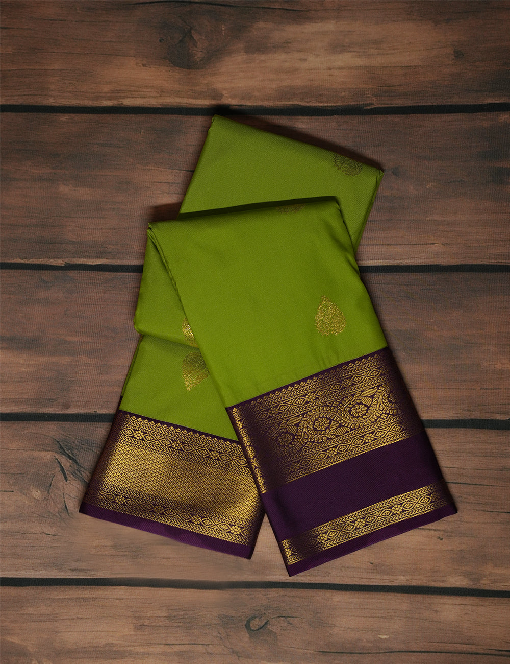 Leaf Green Soft Semi Silk Kanjivaram Saree with Rich Purple Korvai Zari Border