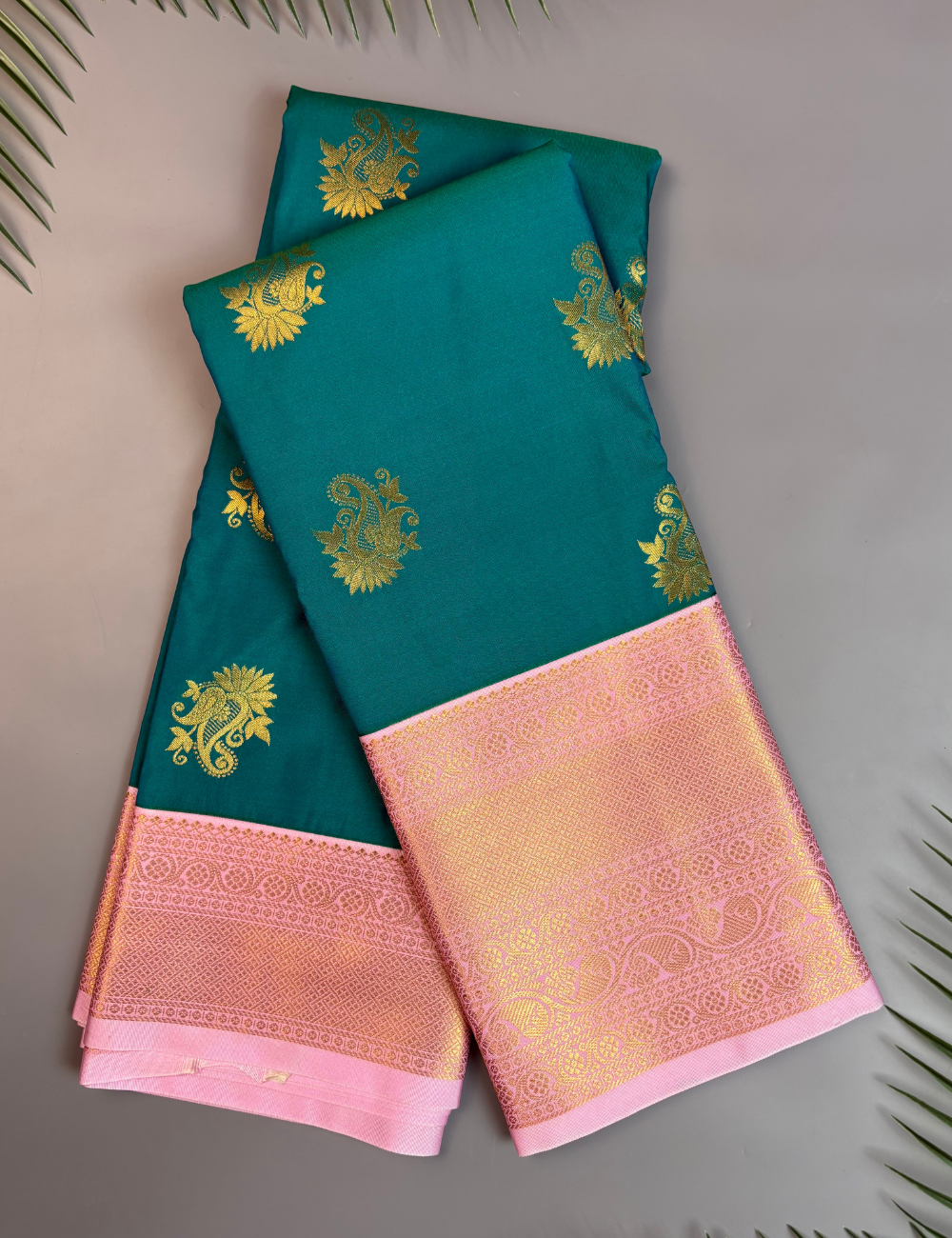 Teal Green Soft Semi Silk Kanjivaram Saree with Elegant Rose Korvai Zari Border