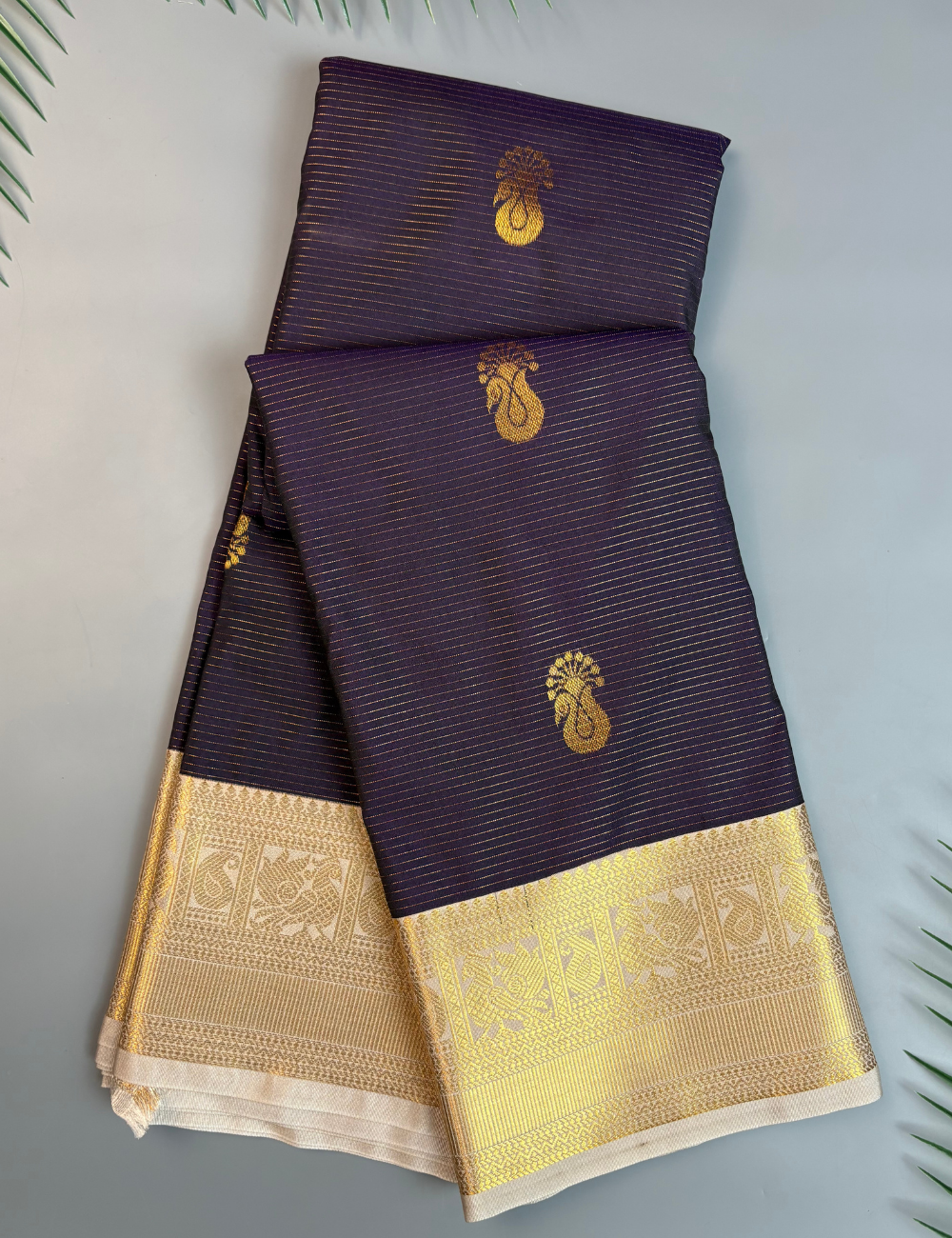 Deep Wine Purple Semi Silk Kanjivaram Saree with Korvai Cream Gold Zari Brocade Border
