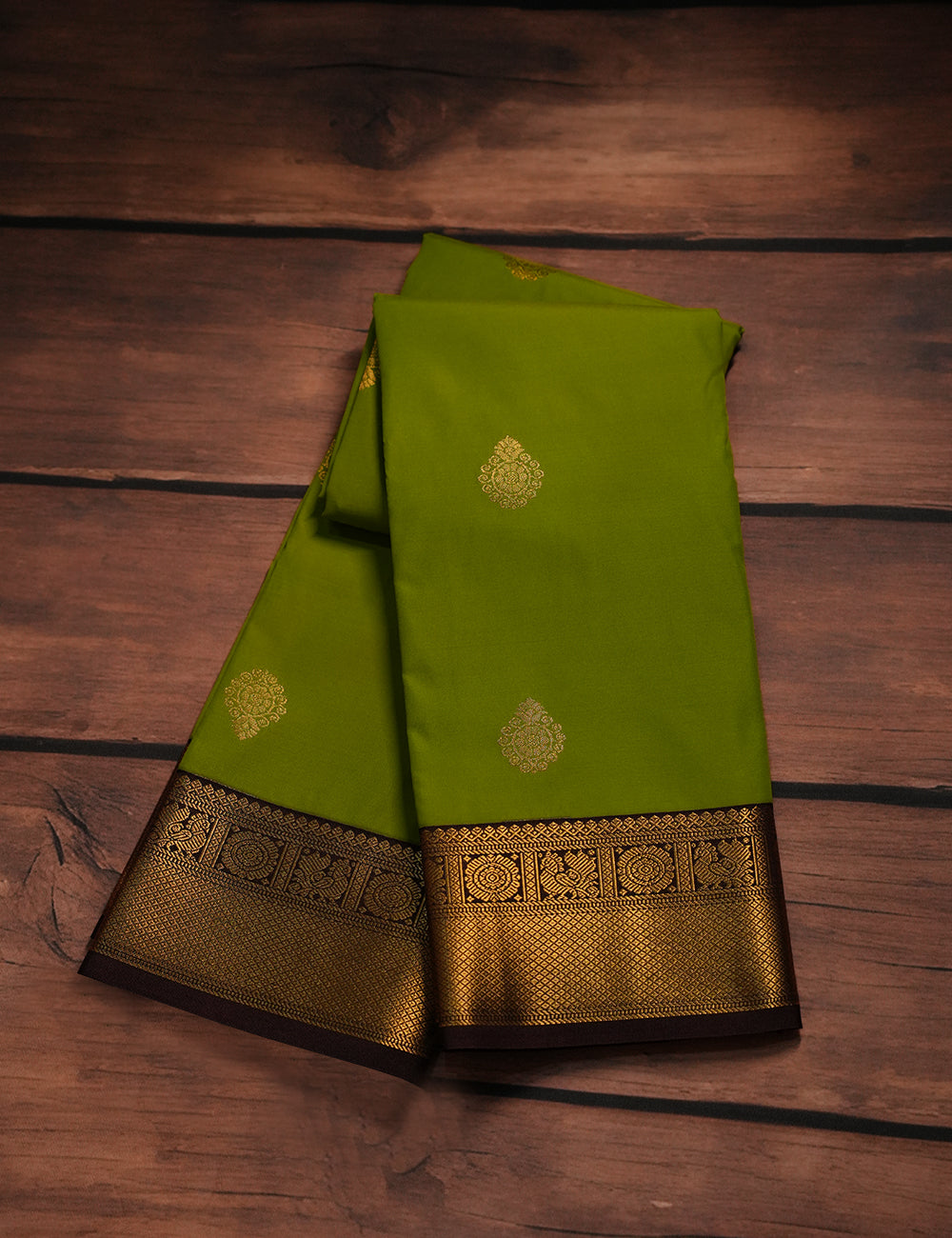 Parrot Green Soft Semi Silk Kanjivaram with Deep brown Border