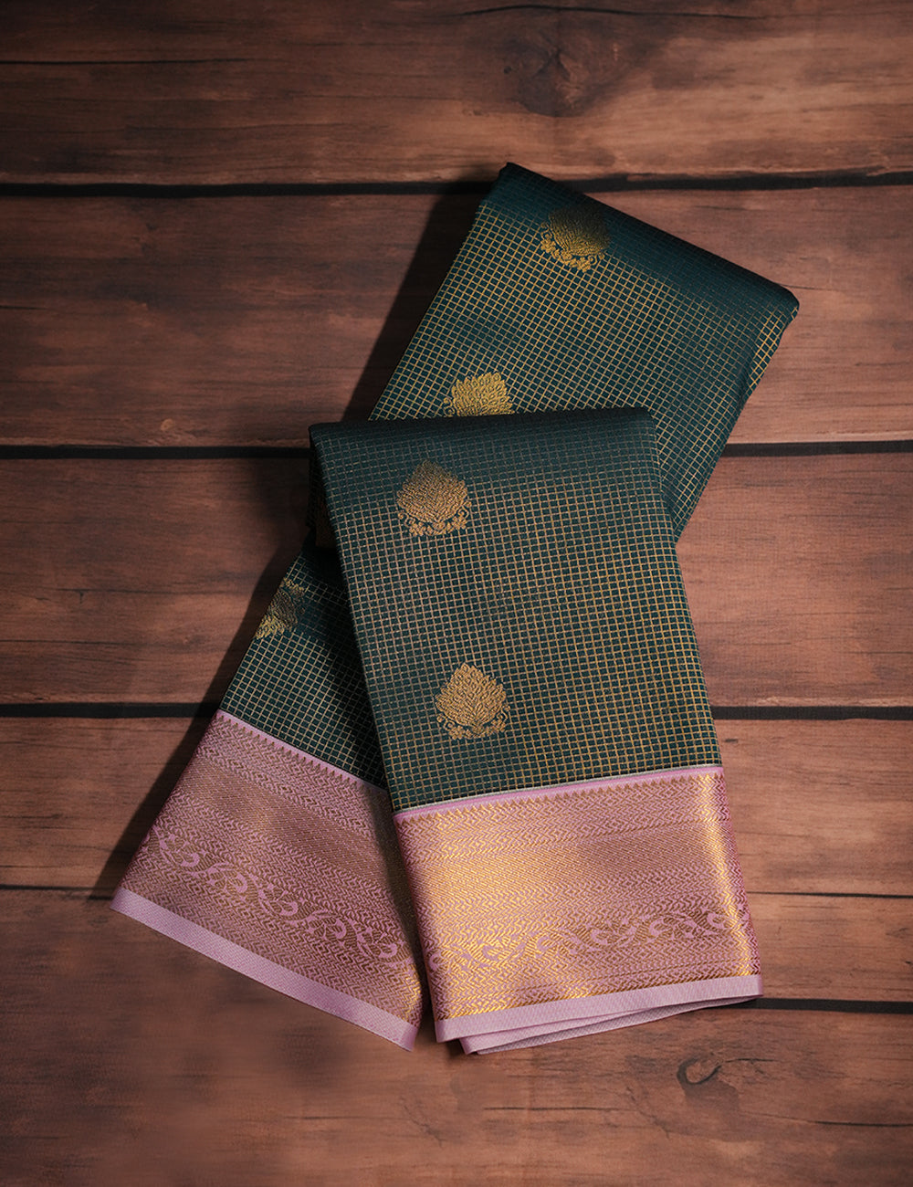 Dark Green Soft Semi Silk Kanjivaram Checked Saree with Elegant Pink Korvai Zari Border