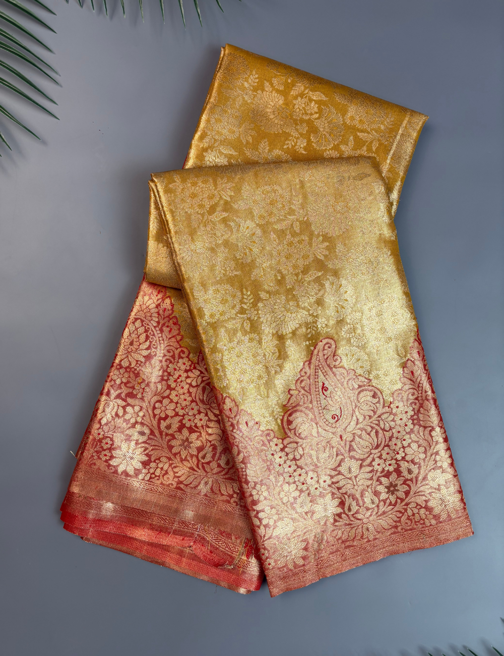 Radiant Yellow Gold & Crimson Red Tissue Kanjivaram Semi Silk Saree with Paisley Motifs