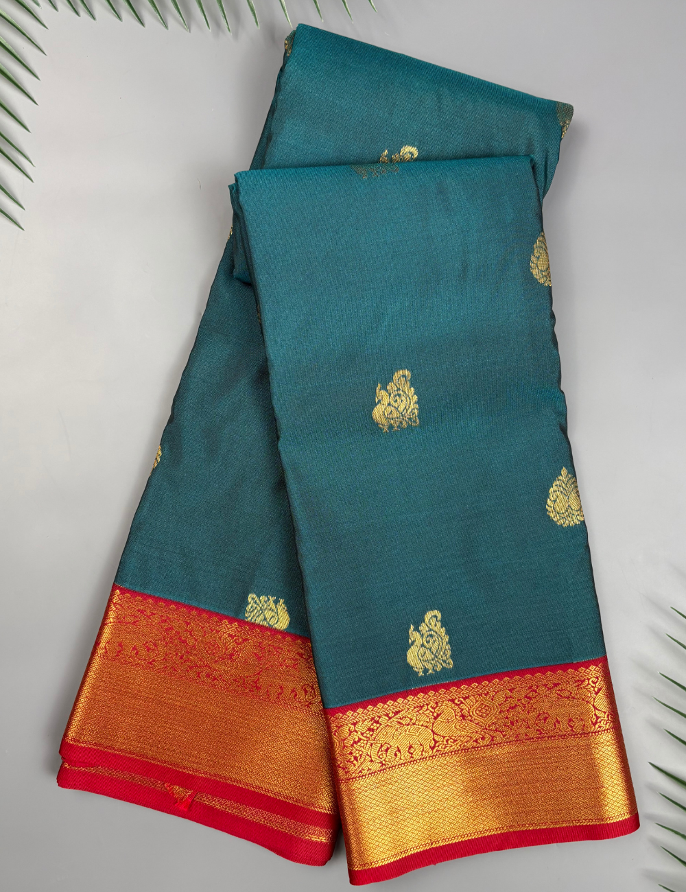 Peacock Blue Soft Semi Silk Kanjivaram Saree with Red Korvai Zari Border