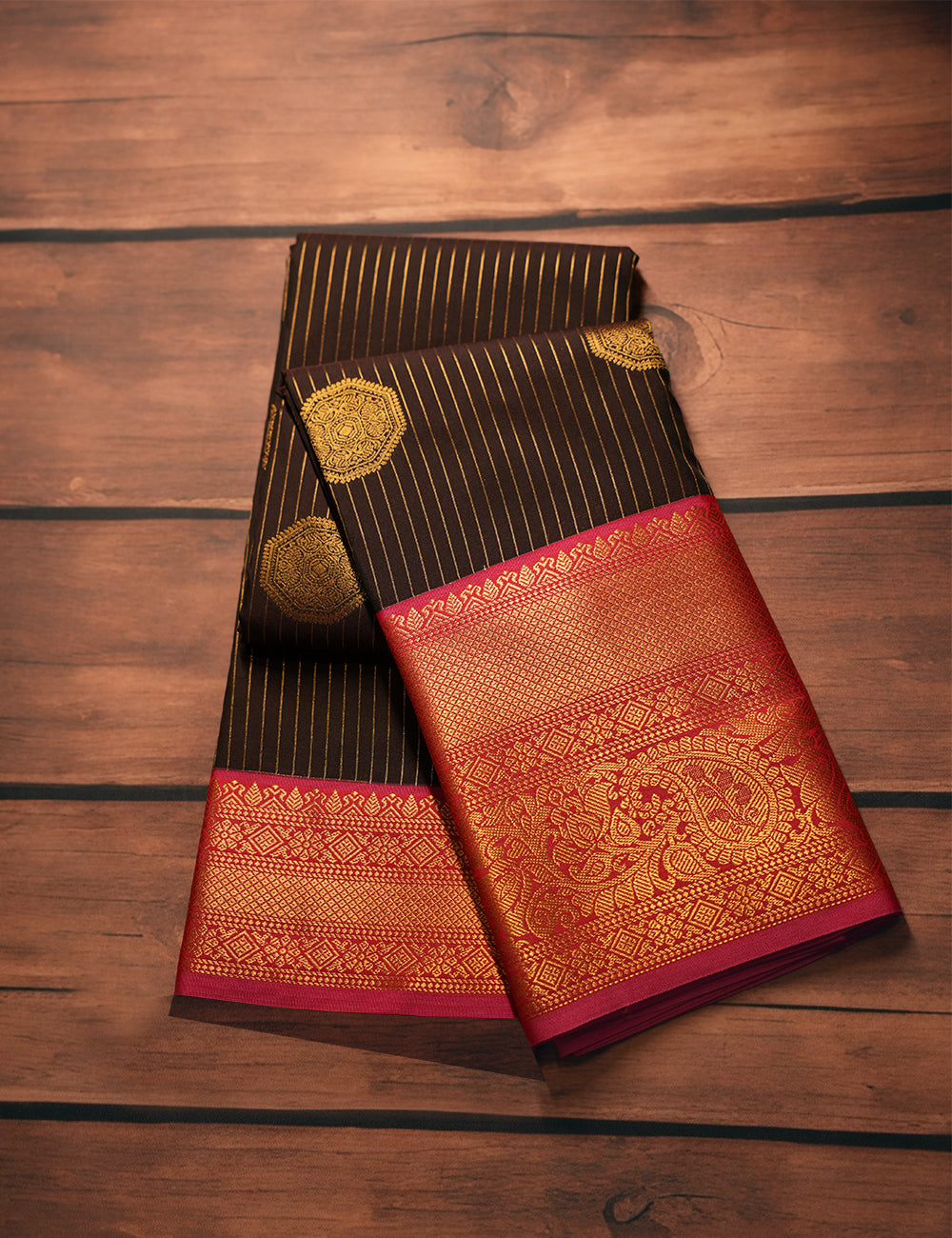 Black Soft Semi Silk Kanjivaram Saree with Body Lines and Rich Rose Zari Border