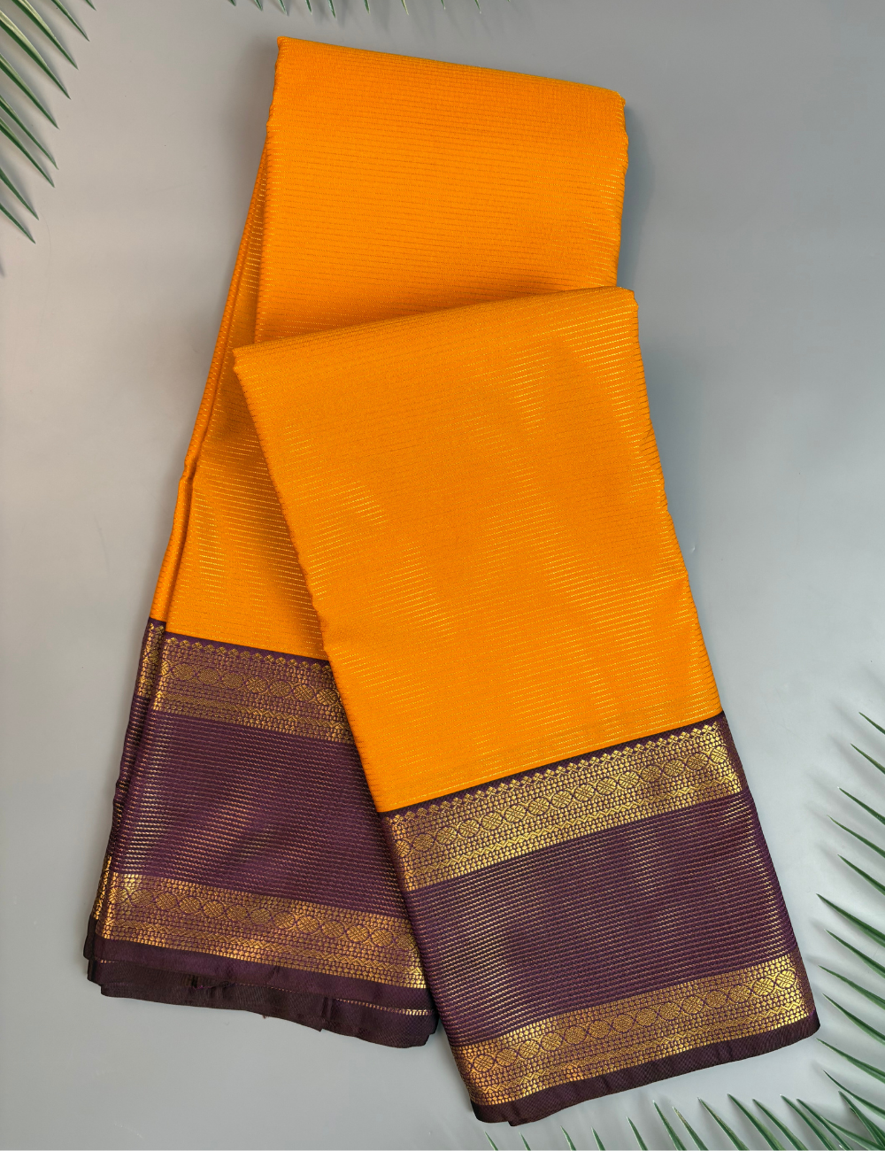 Mustard Yellow Soft Semi Silk Kanjivaram Saree with Purple Rette Pettu Zari Border