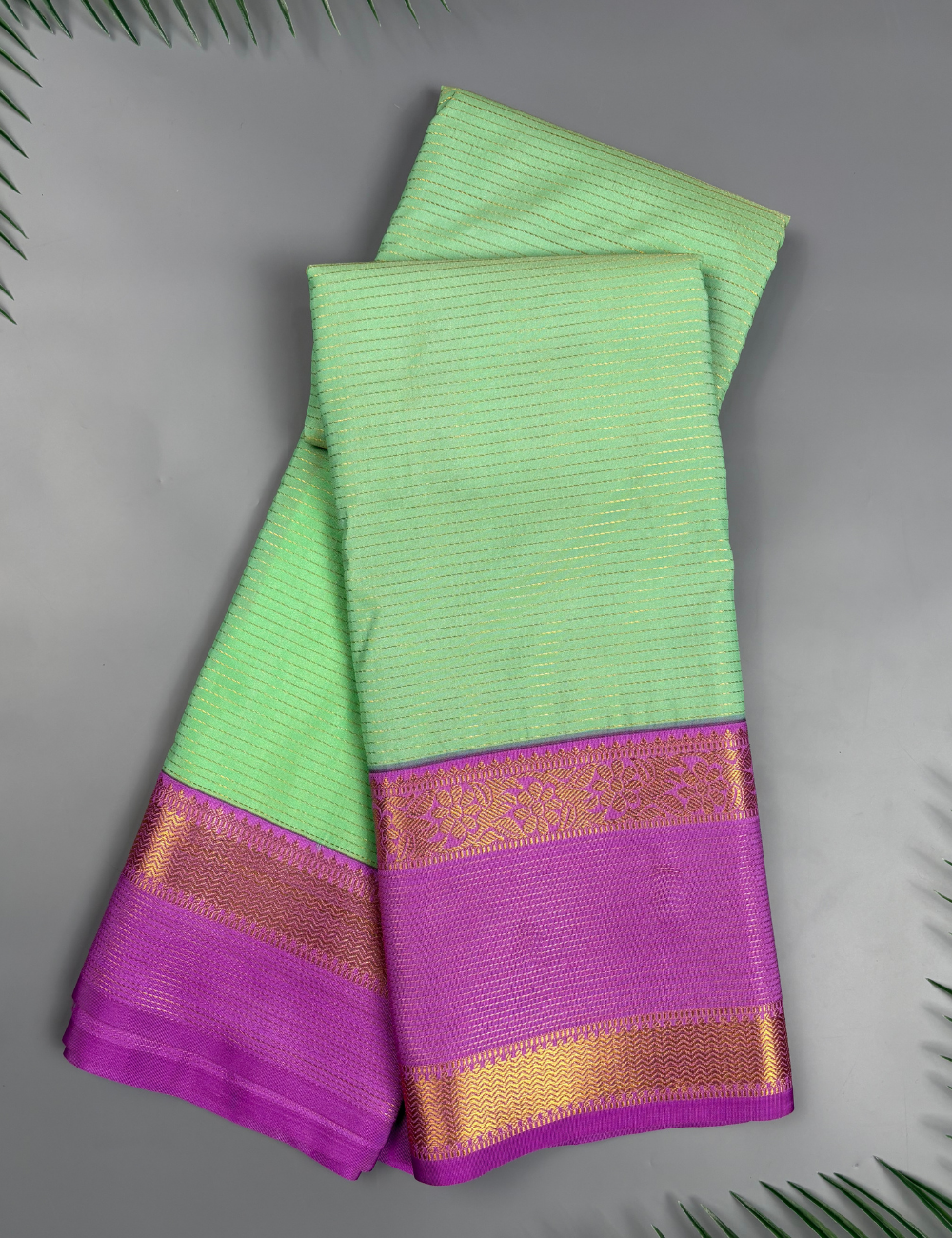 Sea Green Soft Semi Silk Kanjivaram Saree with Lavender Korvai Zari Border