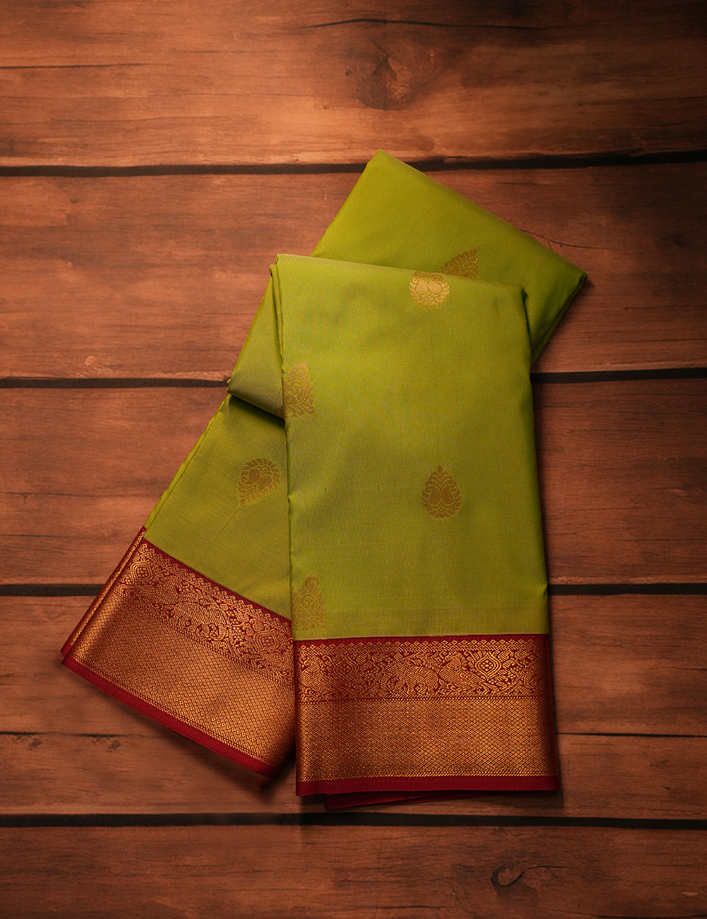 Parrot Green Soft Semi Silk Kanjivaram Saree with Traditional Red Korvai Zari Border