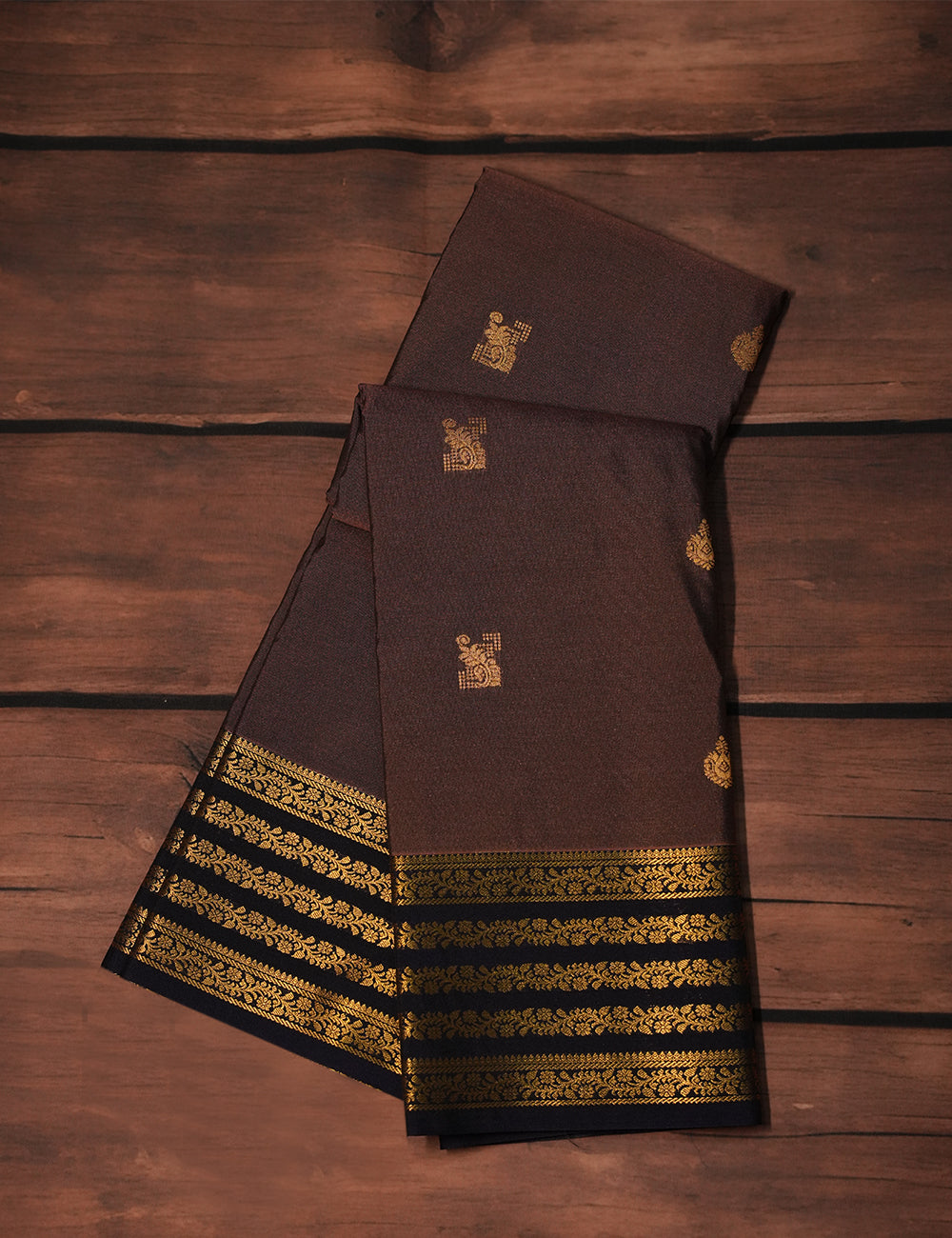 Cocoa Brown Soft Semi Silk Kanjivaram Saree with Plum Blue Korvai Zari Border