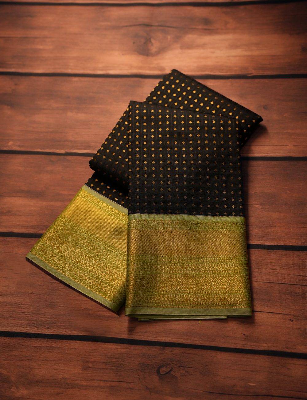 Black Soft Semi Silk Kanjivaram Saree with Pastel Green Korvai Zari Border