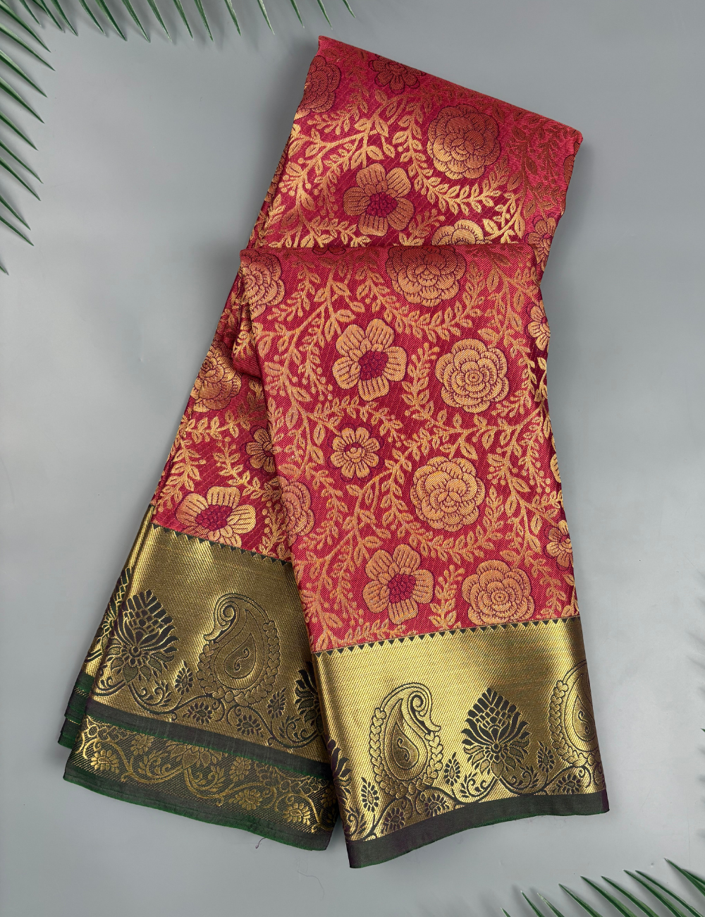 Red Soft Semi Silk Brocade Kanjivaram Saree with Olive Korvai Gold Zari Border