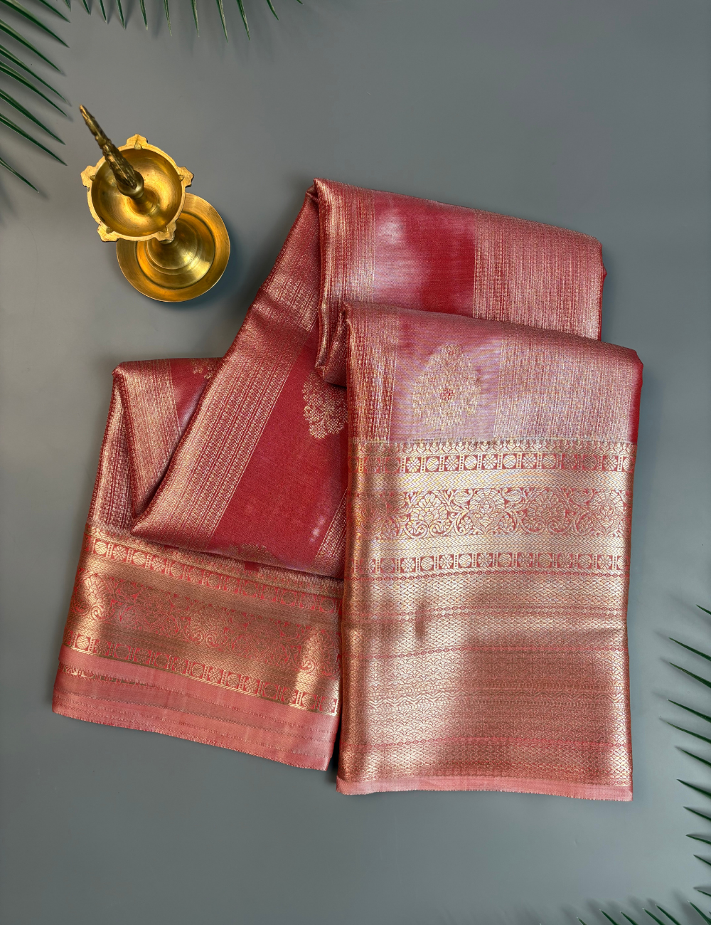 Peach Semi Kanjivaram Tissue Silk Saree with Gold Zari Border