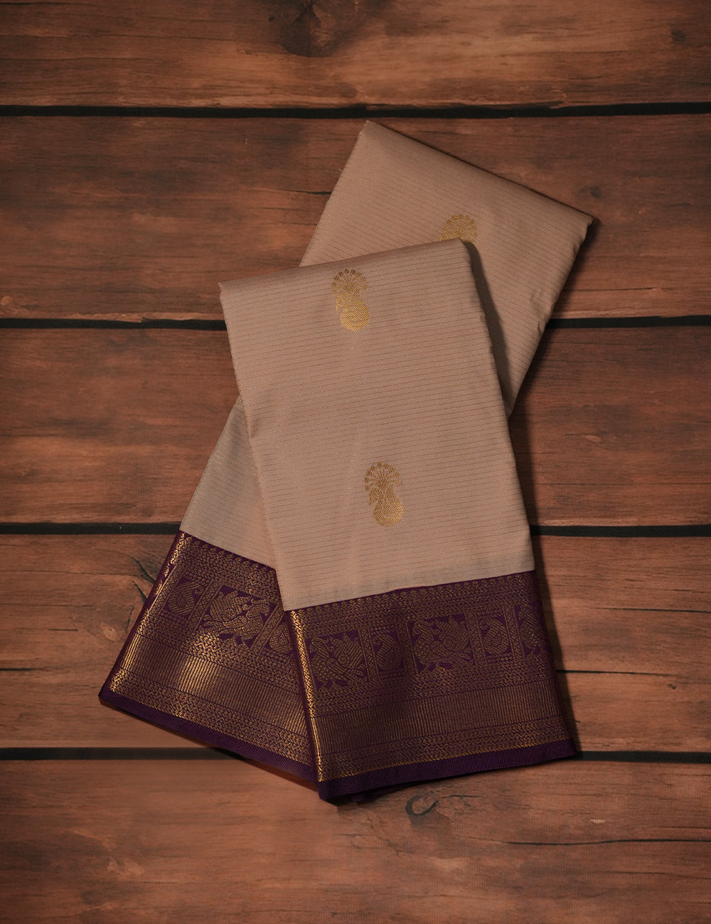 Elegant Beige Soft Semi Silk Kanjivaram Saree with Royal Purple Zari Border