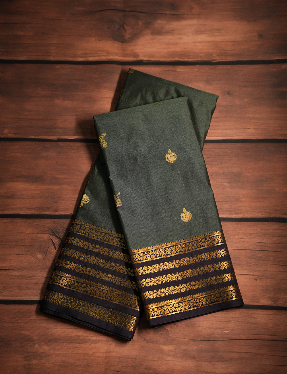 Forest Green Soft Semi Silk Kanjivaram Saree with Dark Plum Zari Border