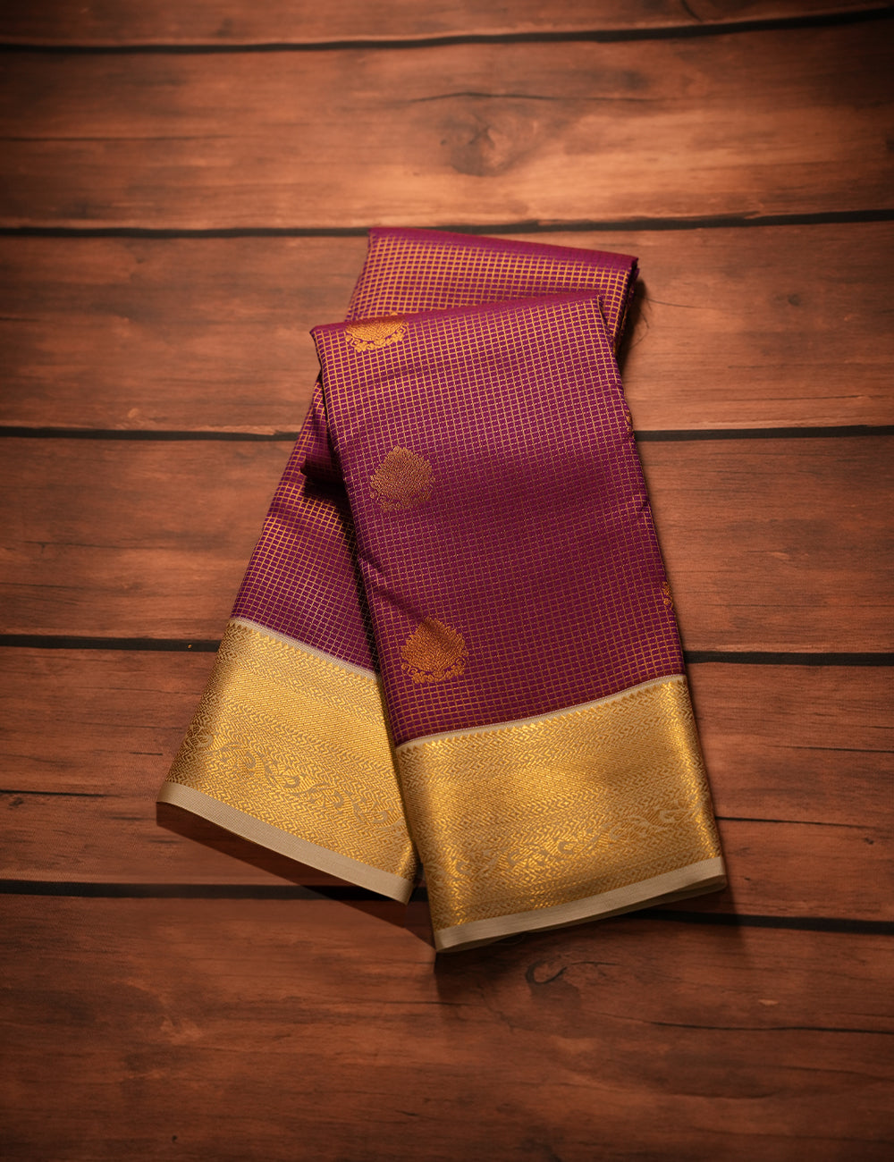 Magenta Soft Semi Silk Checked Kanjivaram Saree with Half White Korvai Zari Border