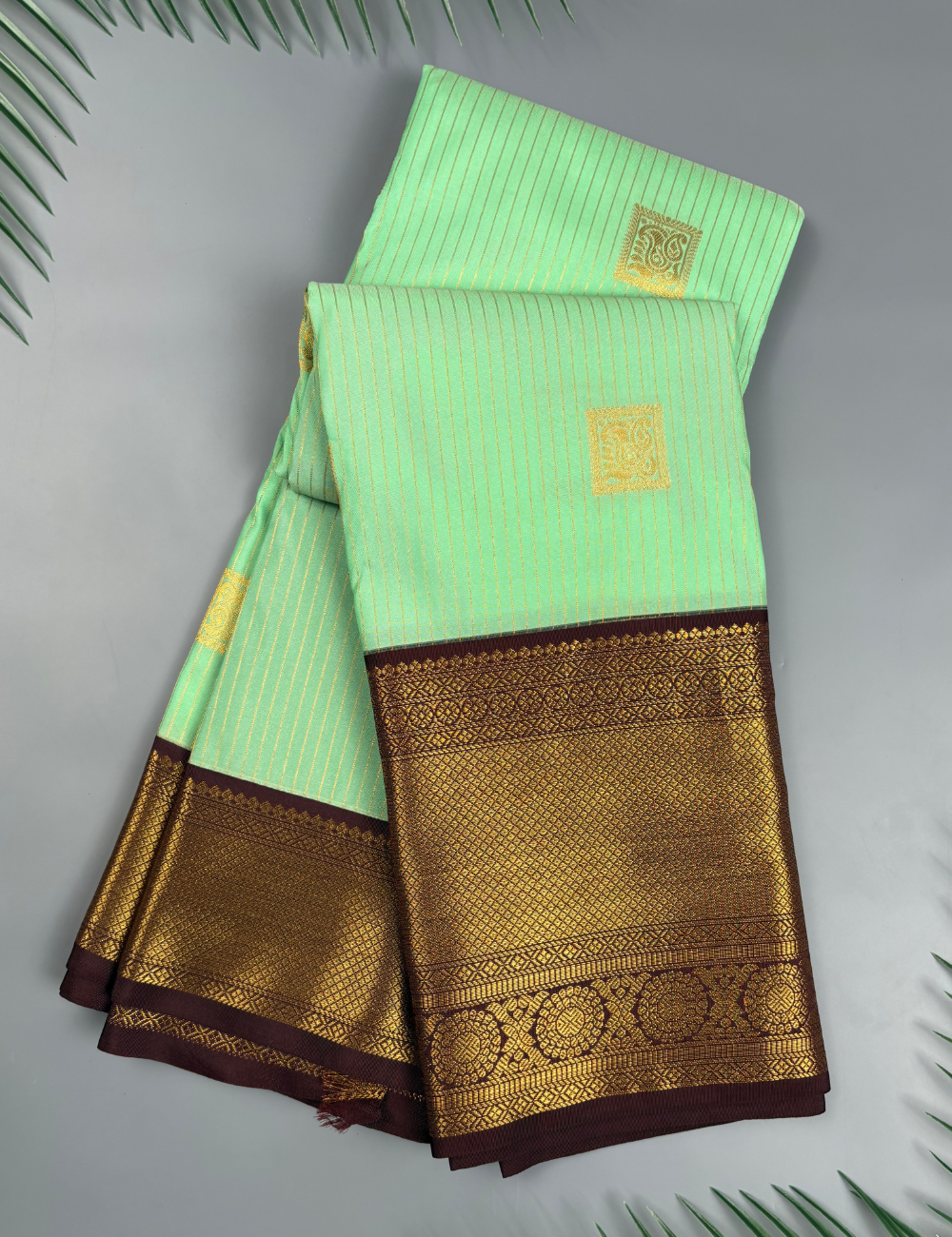 Pastel Mint Green Soft Kanjivaram Semi Silk Saree with Brown Zari Border
