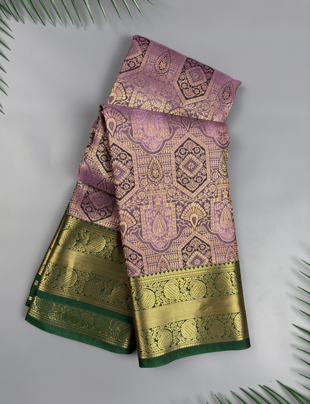 Lavender Purple Brocade Kanjivaram Semi Silk Saree with Antique Gold Zari Green Border