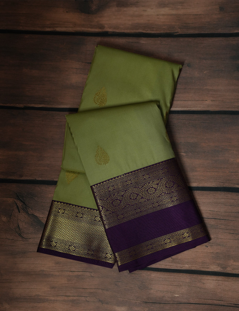 Pastel Green Soft Semi Silk Kanjivaram Saree with Purple Korvai Zari Border