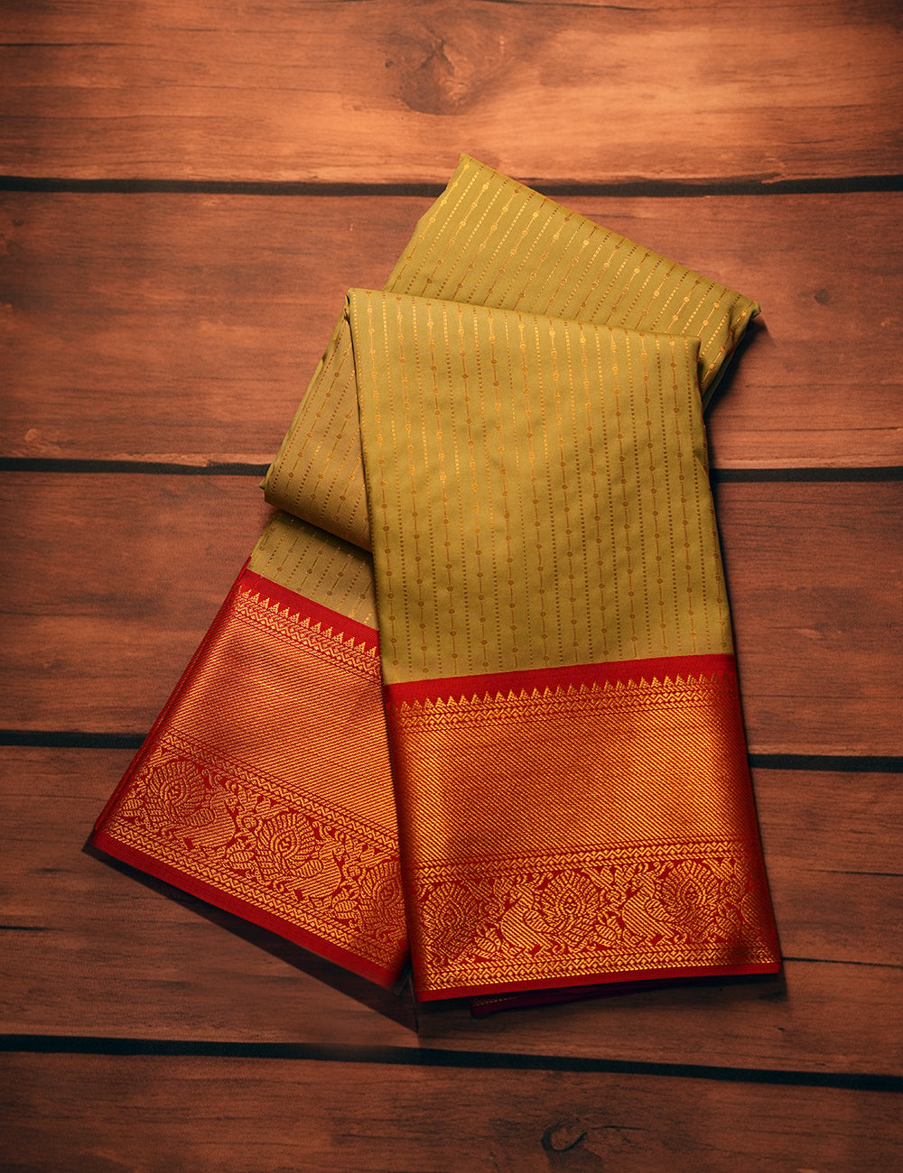 Cardamom Green Soft Semi Silk Kanjivaram Saree with Rich Red Korvai Zari Border