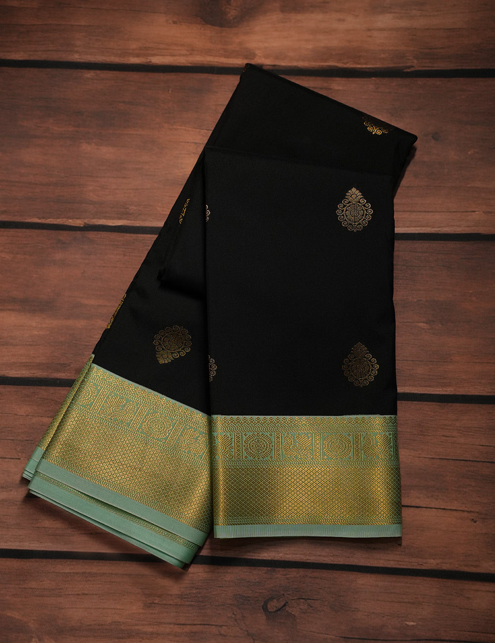 Black  Soft Semi Silk Kanjivaram Saree with Sea Blue Korvai Zari Border