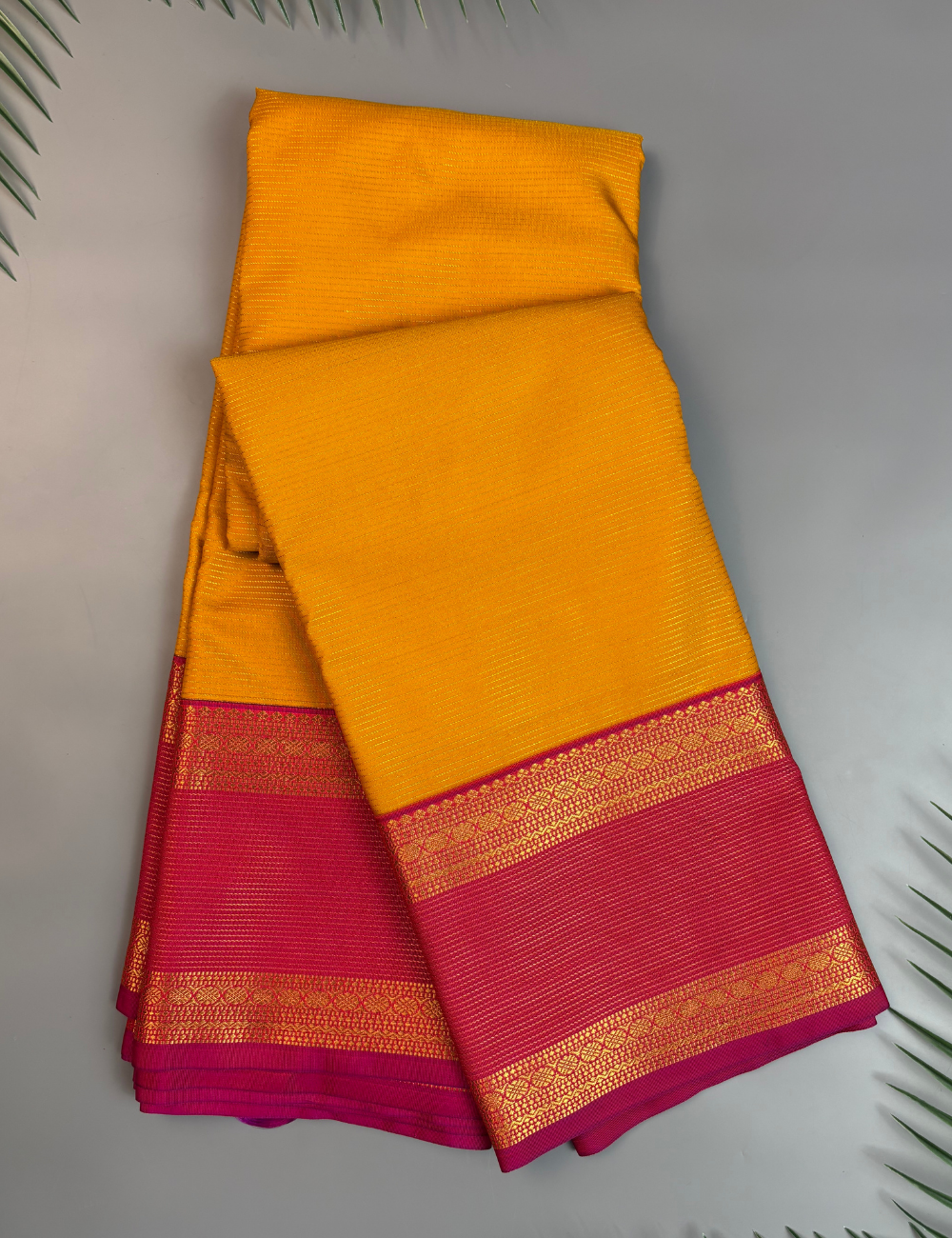 Mustard Yellow Soft Semi Silk Kanjivaram Saree with Magenta Pink Gold Zari Border