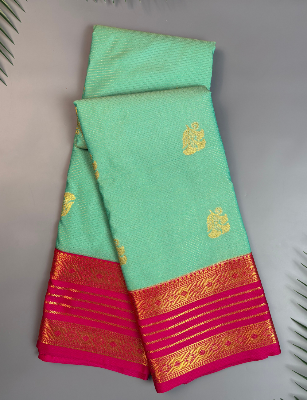 Sea Blue Soft Semi Silk Kanjivaram Saree with Rani Rose Korvai Gold Zari Border
