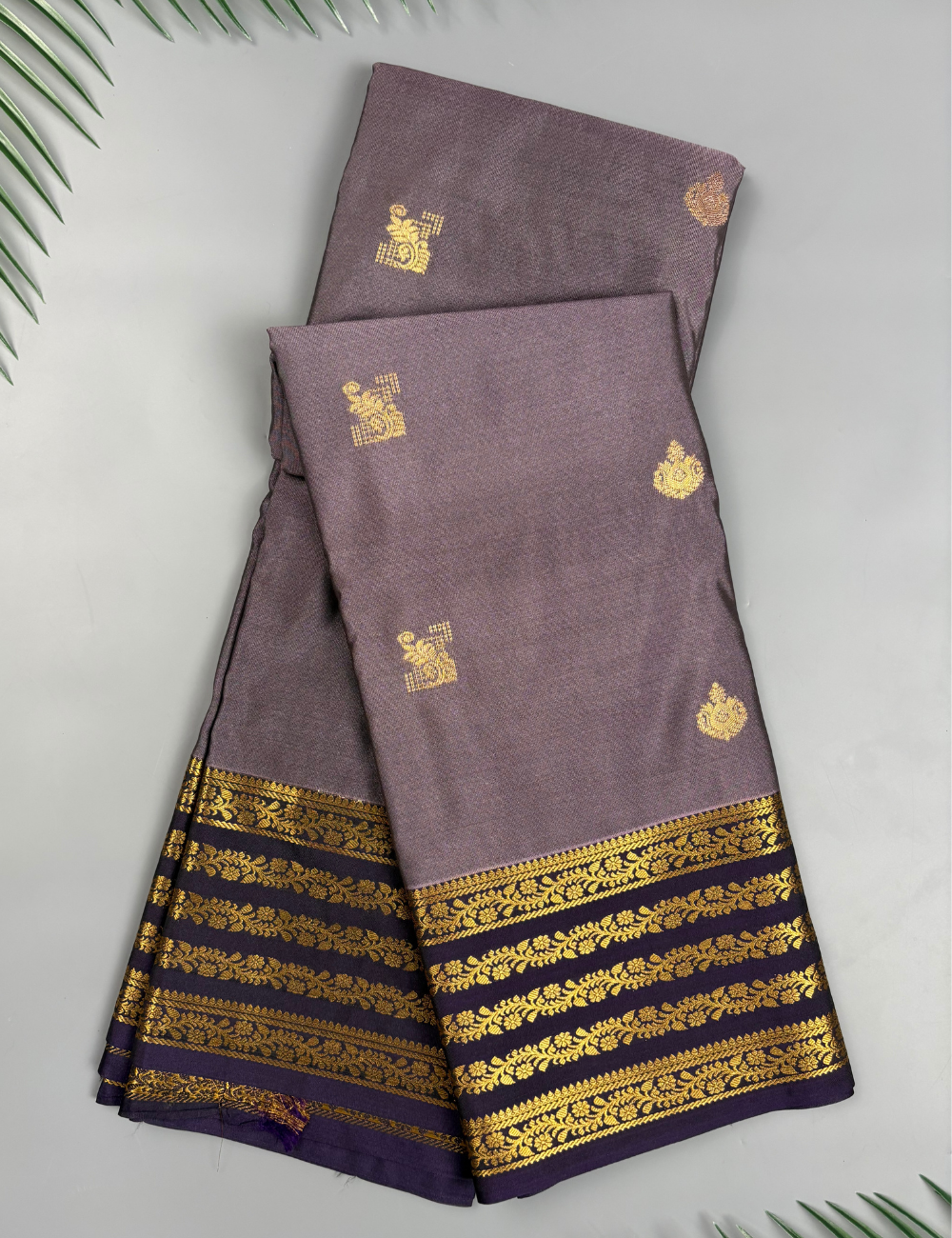 Muted Purple Soft Semi Silk Kanjivaram Saree with Dark Navy Zari Border