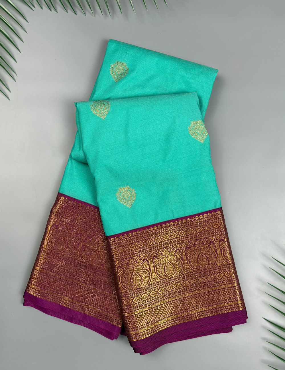 Aqua Blue Soft Semi Silk Kanjivaram Saree with Korvai Rich Magenta Zari Border