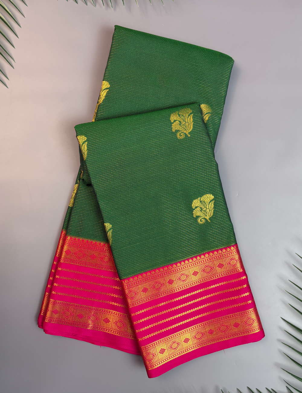 Emerald Green Soft Semi Silk Kanjivaram Saree with traditional Korvai Rani Pink Border