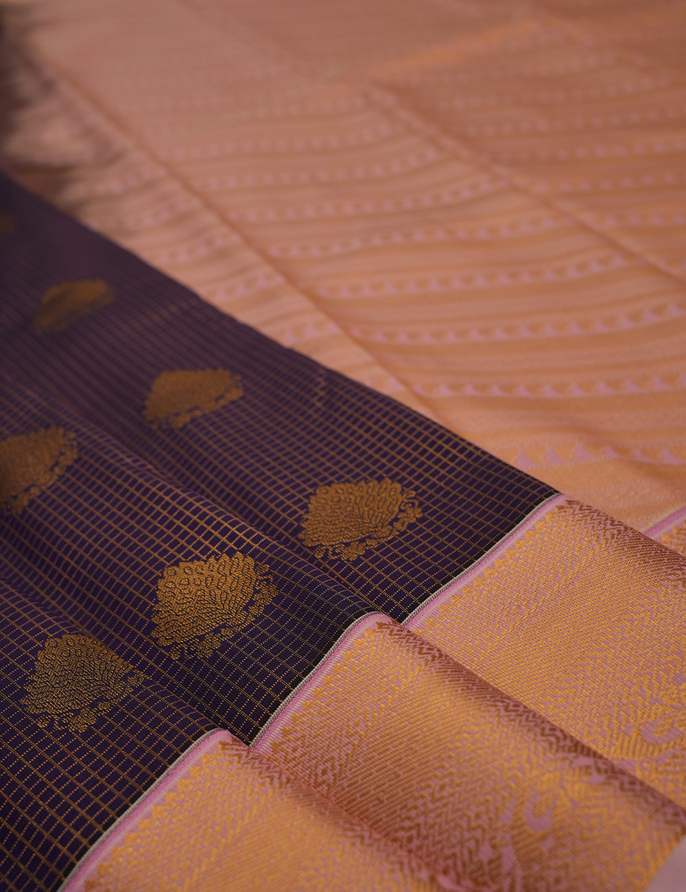 Purple Soft Semi Silk Checked Kanjivaram Saree with Pink Korvai Zari Border
