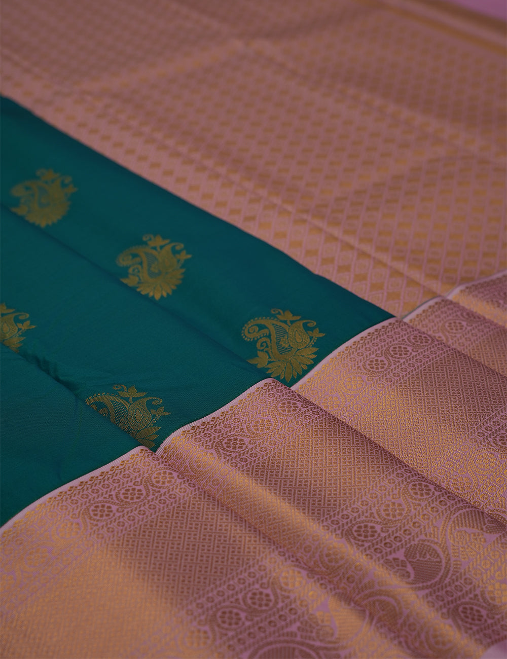 Teal Green Soft Semi Silk Kanjivaram Saree with Elegant Rose Korvai Zari Border