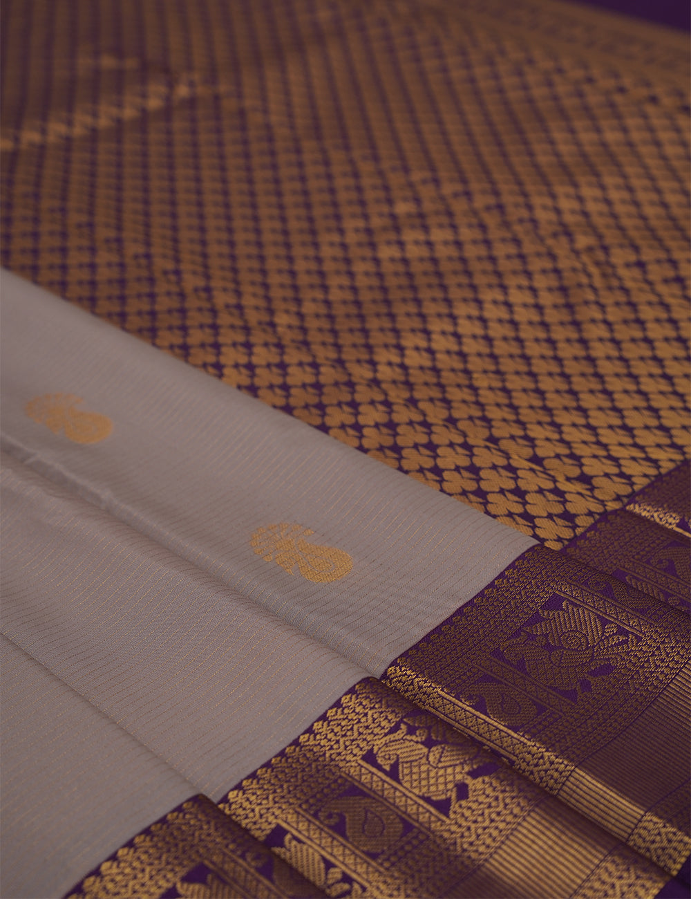 Muted Beige Soft Semi Silk Kanjivaram Saree with Rich Purple Korvai Zari Border