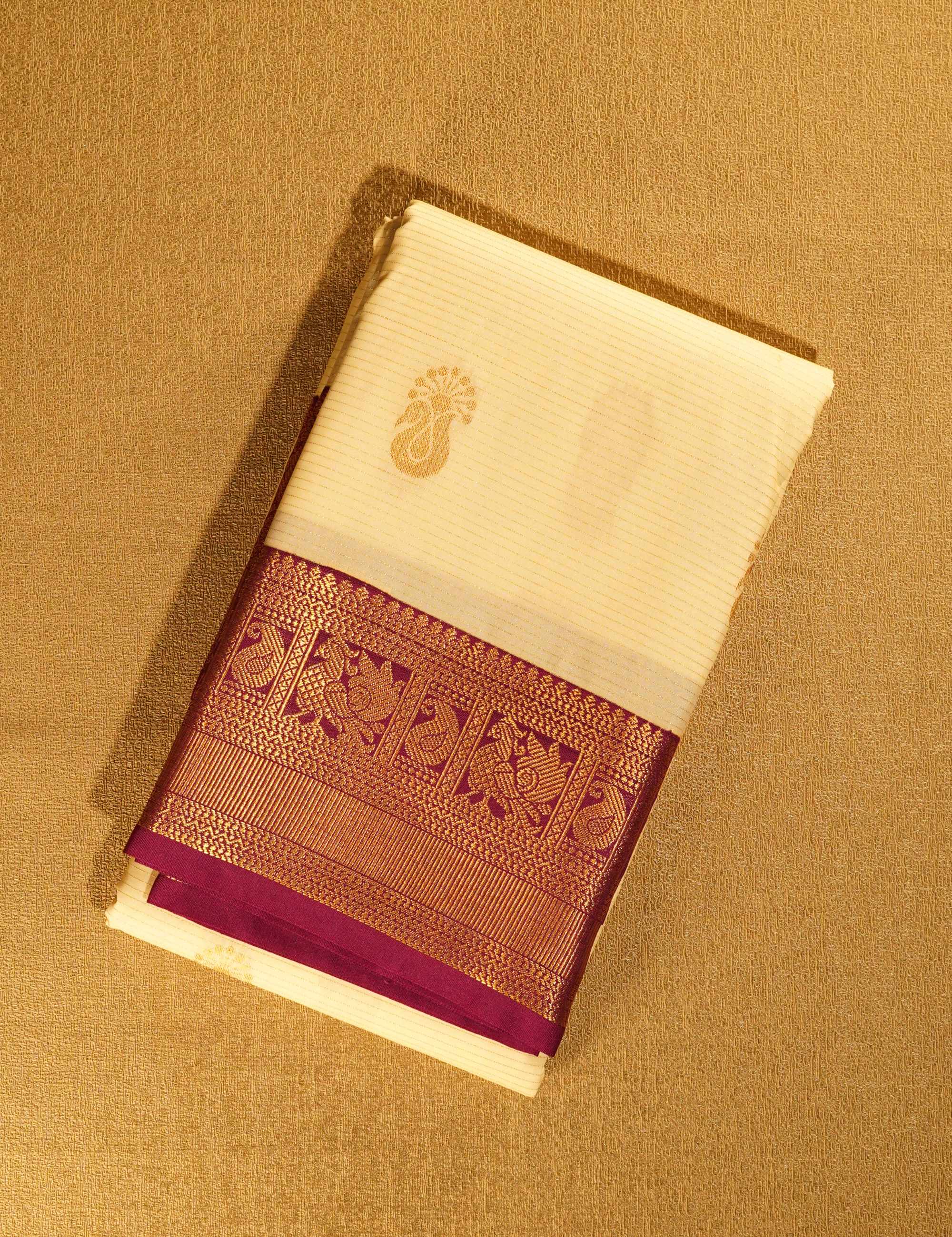 Cream White Semi Silk Kanjivaram Saree with Purple Border