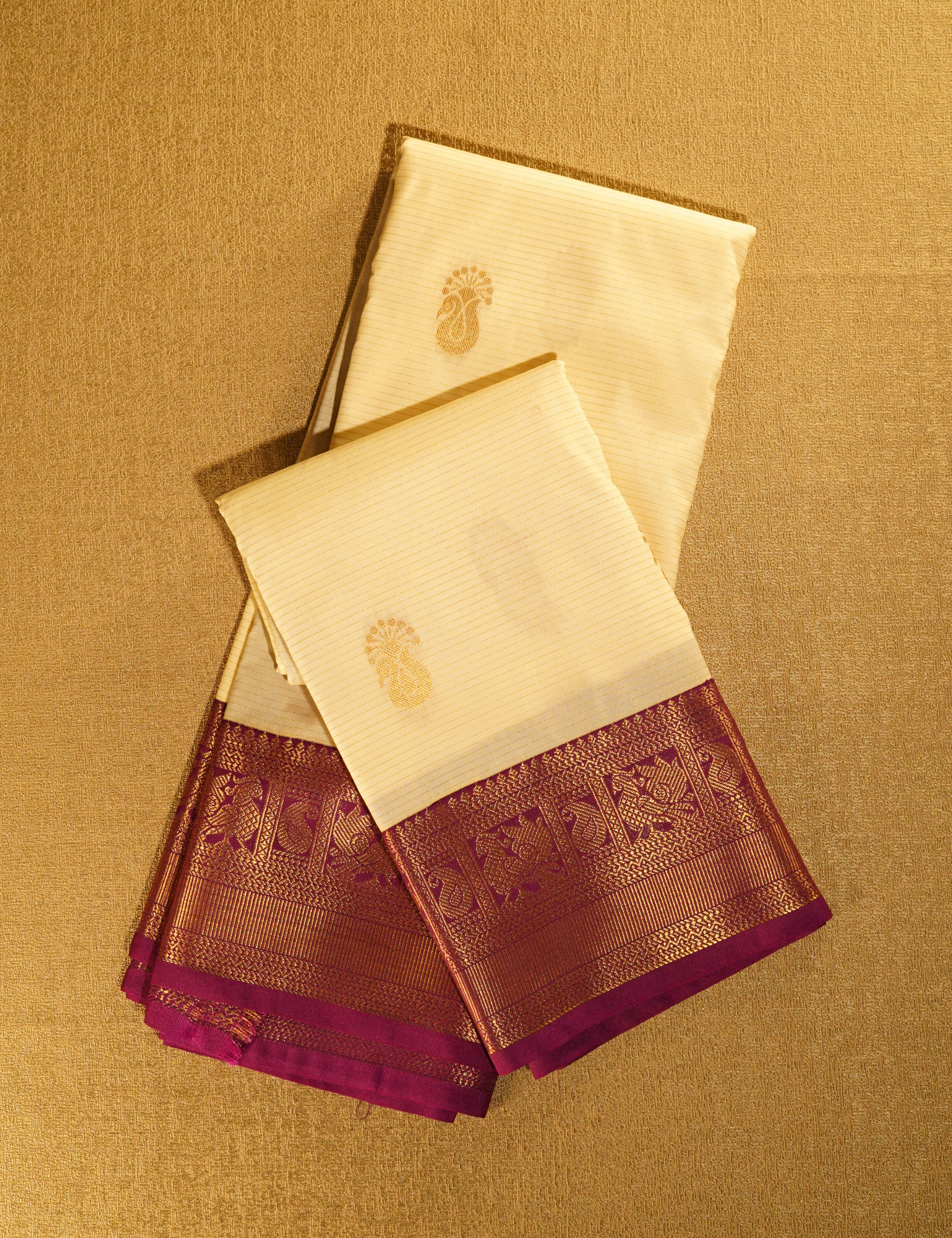 Cream White Semi Silk Kanjivaram Saree with Purple Border