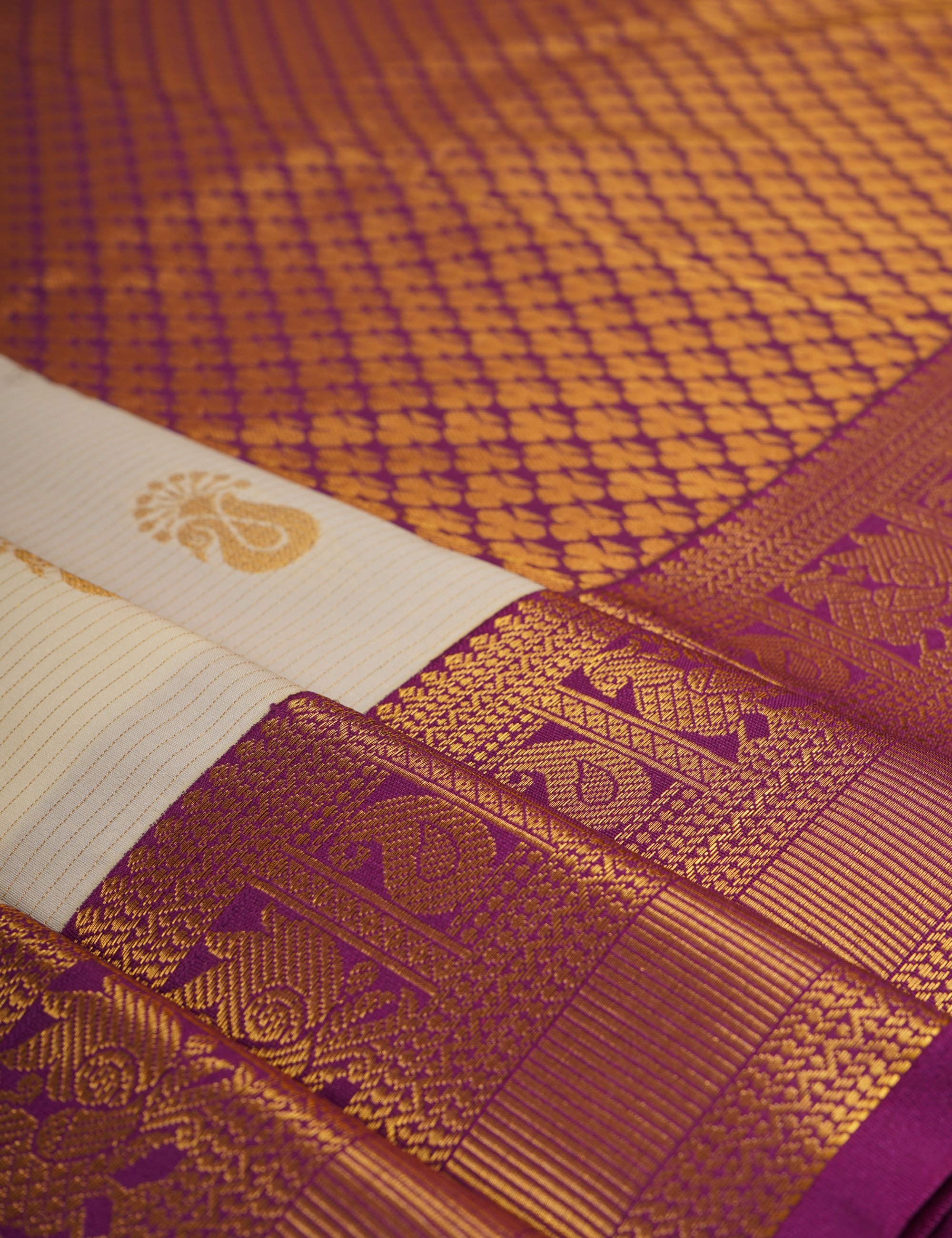 Cream White Semi Silk Kanjivaram Saree with Purple Border