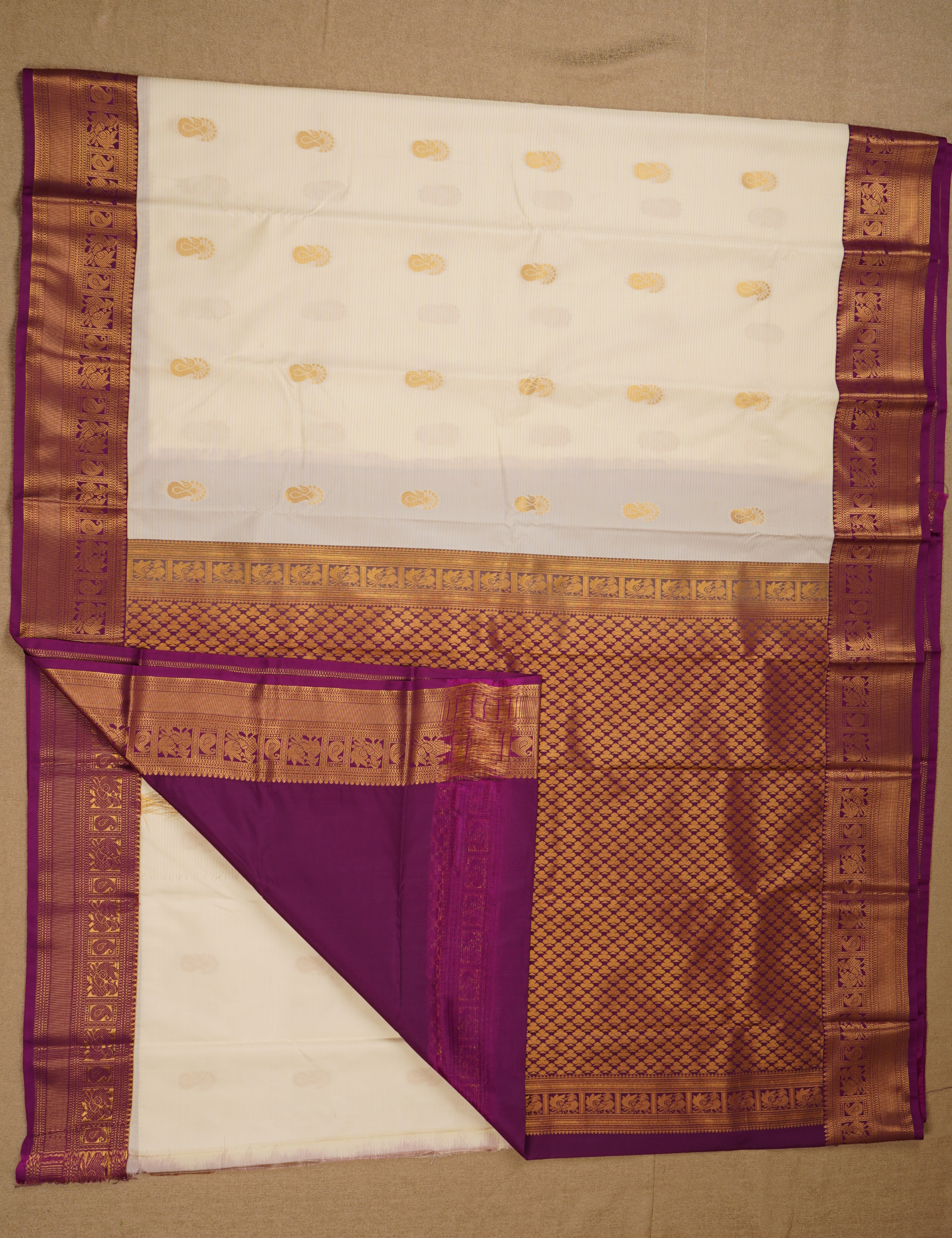 Cream White Semi Silk Kanjivaram Saree with Purple Border