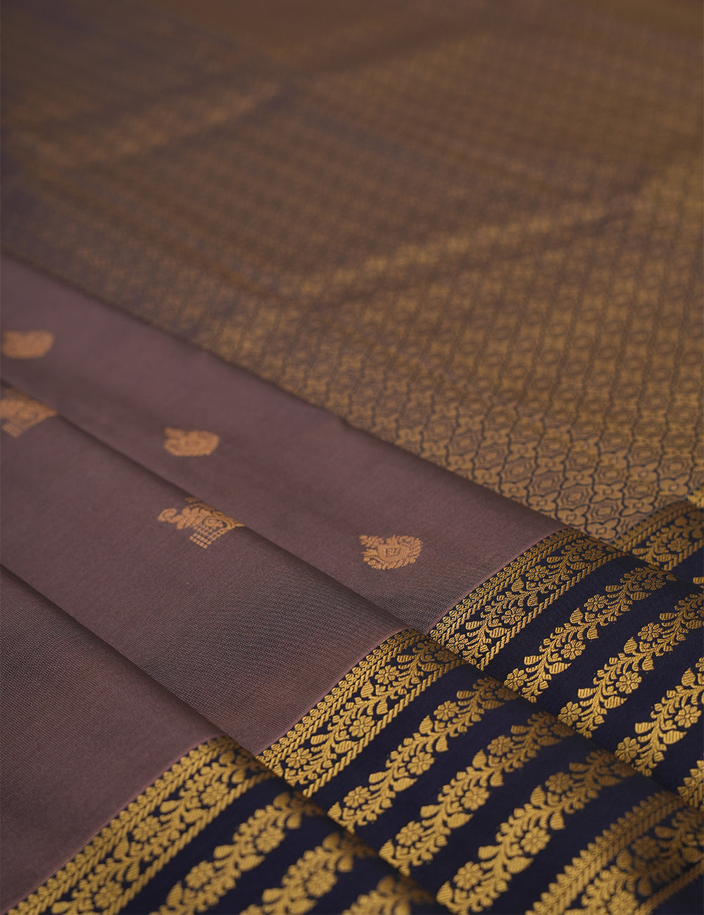 Cocoa Brown Soft Semi Silk Kanjivaram Saree with Plum Blue Korvai Zari Border