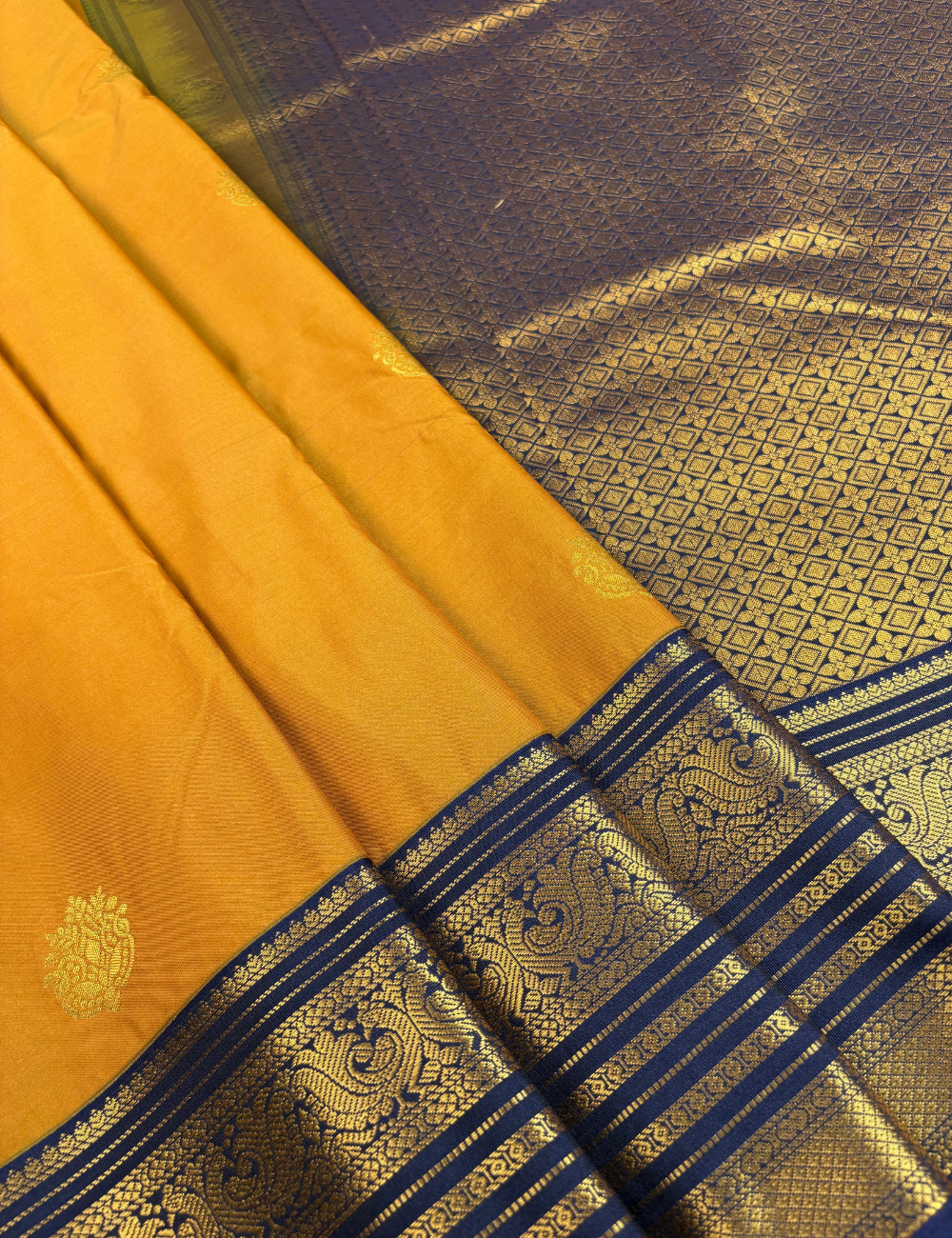 Mustard Soft Kanjivaram Semi Silk Saree with Navy  Korvai Zari Border
