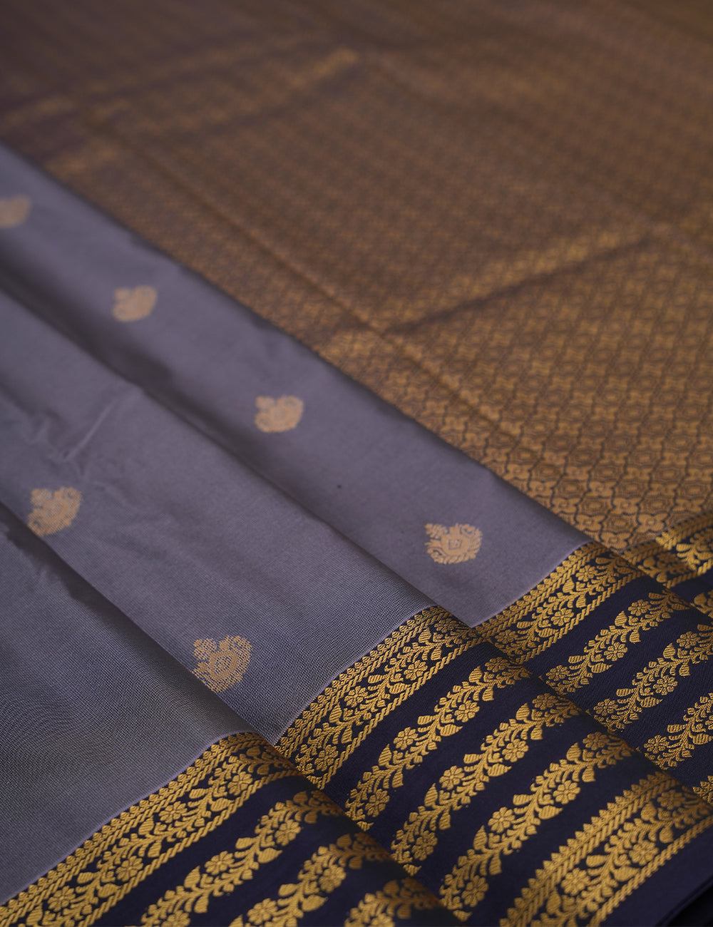 Muted Purple Soft Semi Silk Kanjivaram Saree with Dark Navy Zari Border