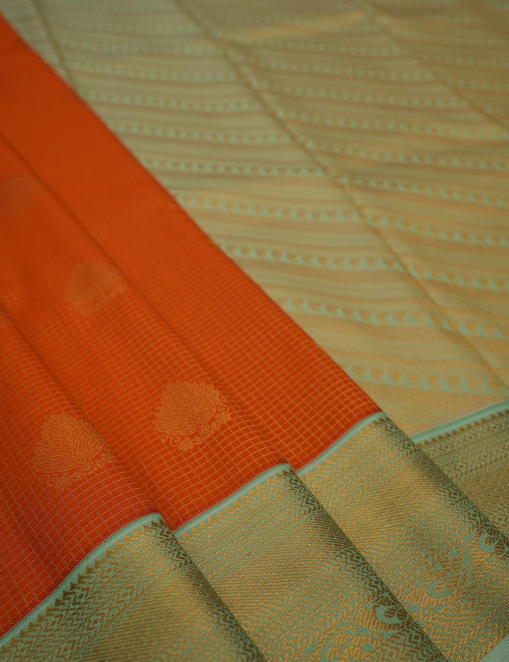 Orange Soft Semi Silk Checked Kanjivaram Saree with Powdered Blue Korvai Zari Border