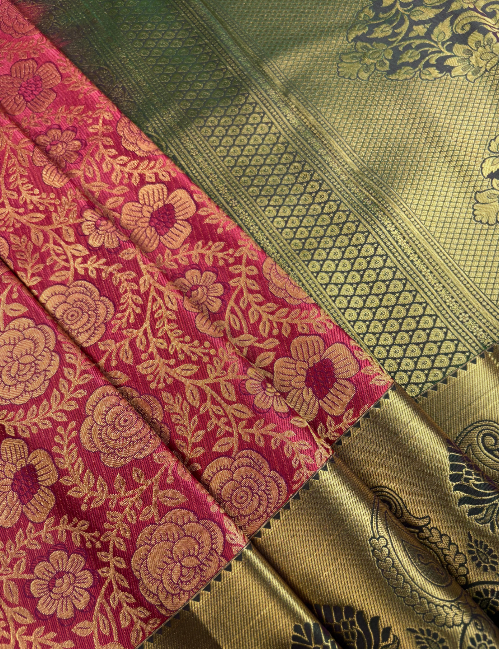 Red Soft Semi Silk Brocade Kanjivaram Saree with Olive Korvai Gold Zari Border