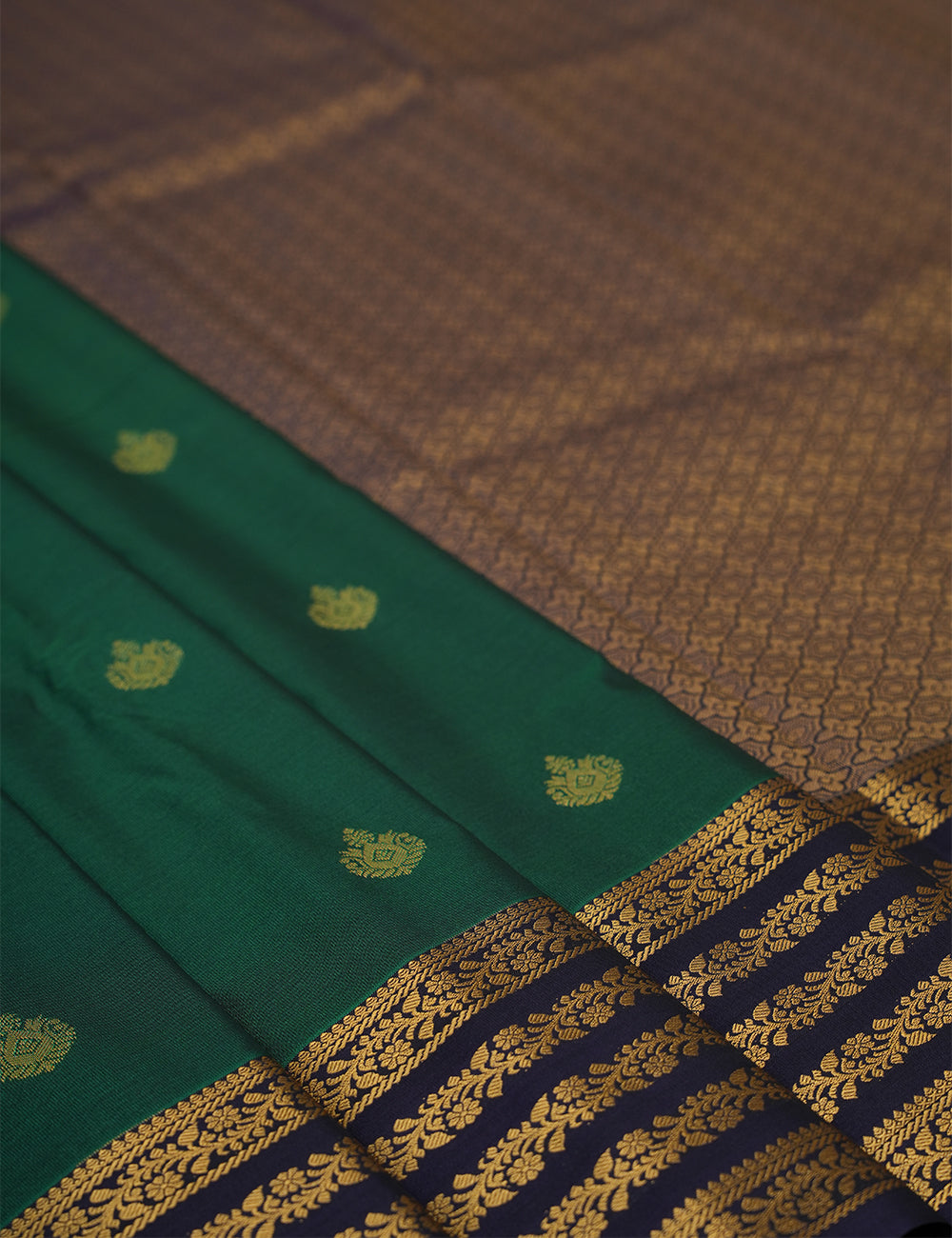 Emerald Green Soft Semi Silk Kanjivaram Saree with Plum Blue Zari Border
