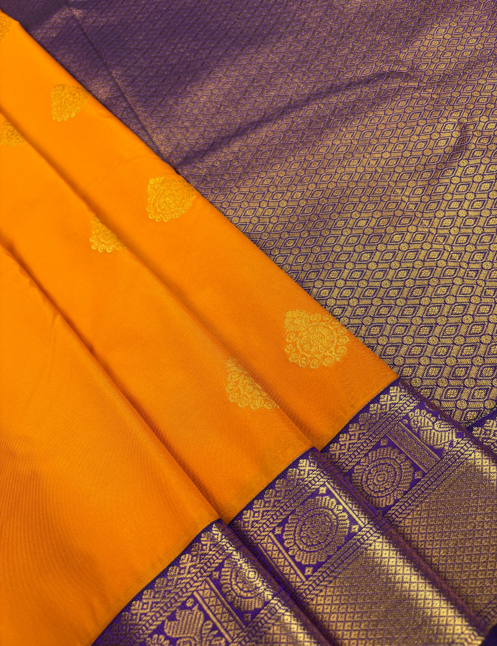 Mustard Yellow Soft Semi Silk Kanjivaram Saree with Royal Violet Korvai Zari Border