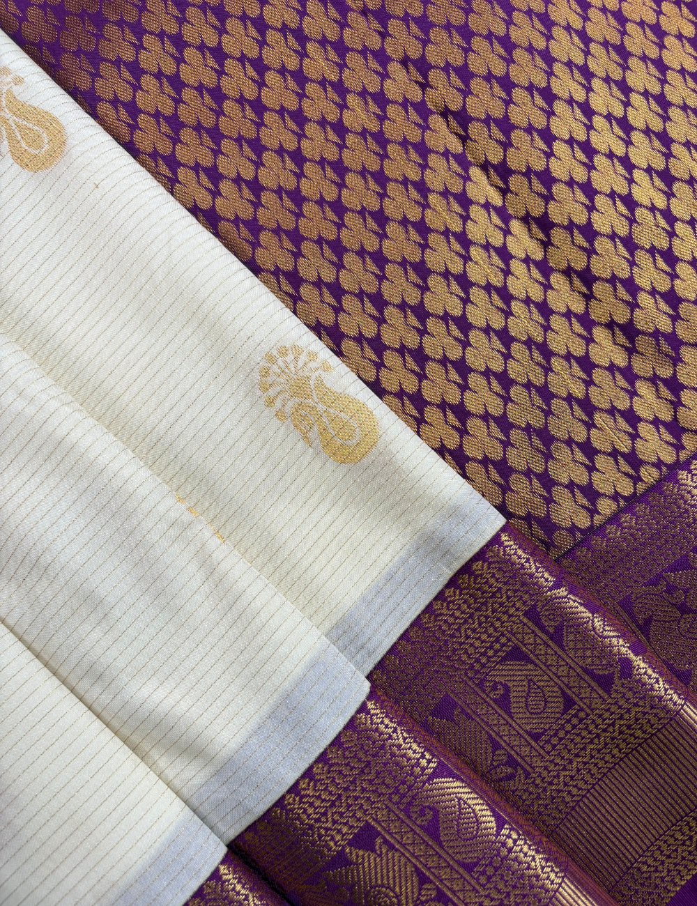 Cream White Semi Silk Kanjivaram Saree with Purple Border