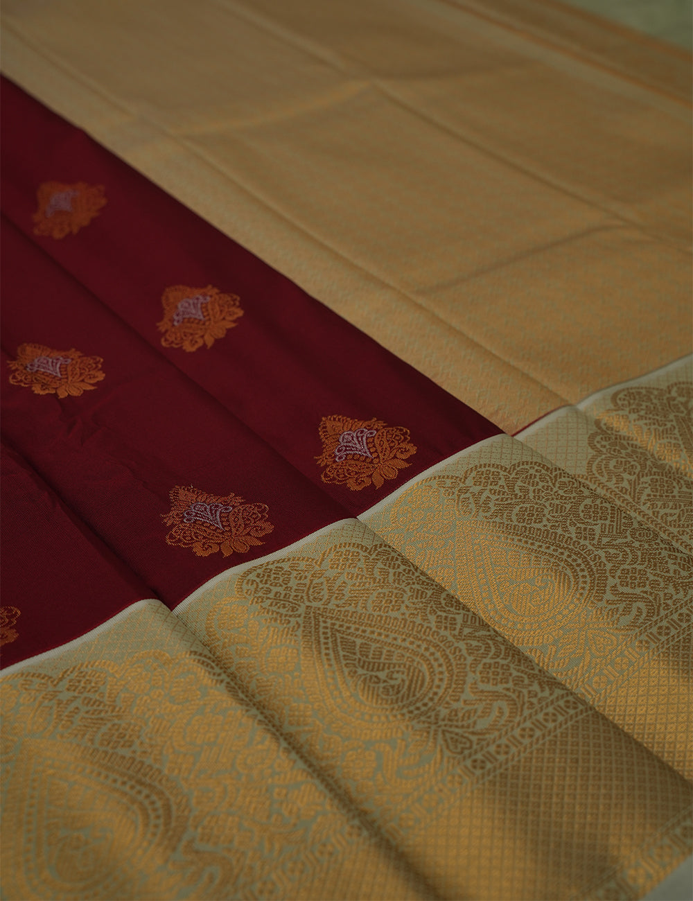 Maroon Soft Semi Silk Kanjivaram Saree with Rich Half White Korvai Zari Border