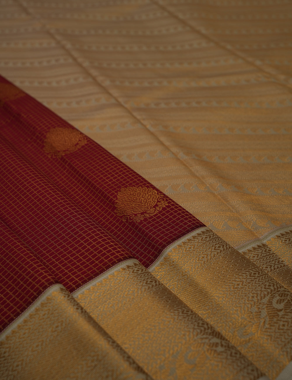 Deep Maroon Soft Semi Silk Checked Kanjivaram Saree with Half White Korvai Zari Border