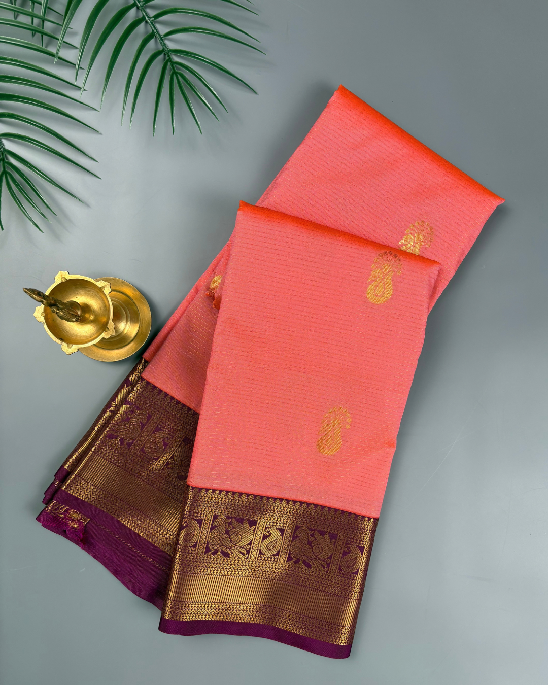 Coral Pink Soft Semi Silk Kanjivaram with Korvai Royal Purple Border Saree