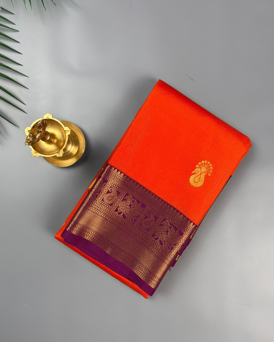 Vermilion Orange Soft Semi Silk Kanjivaram Saree with Purple Korvai Zari Border Saree