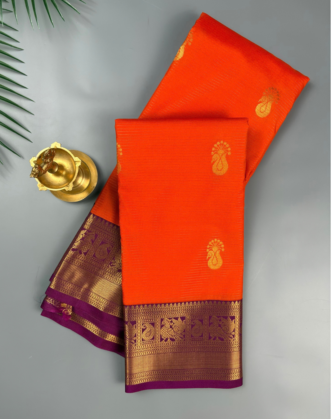Vermilion Orange Soft Semi Silk Kanjivaram Saree with Purple Korvai Zari Border Saree